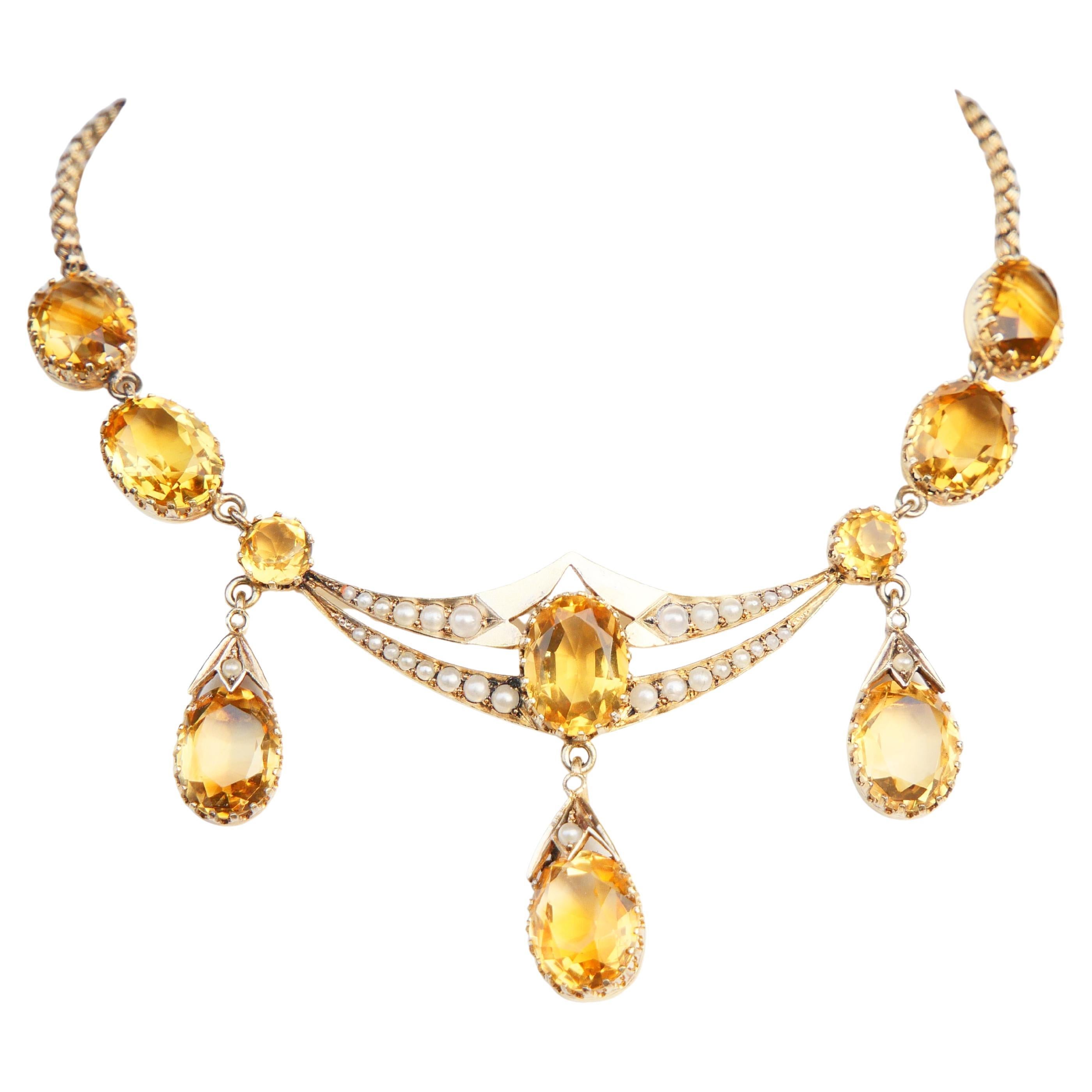 Antique German Necklace natural 37ctw Citrine Pearls Gilt Silver /44 cm/ 22 gr
