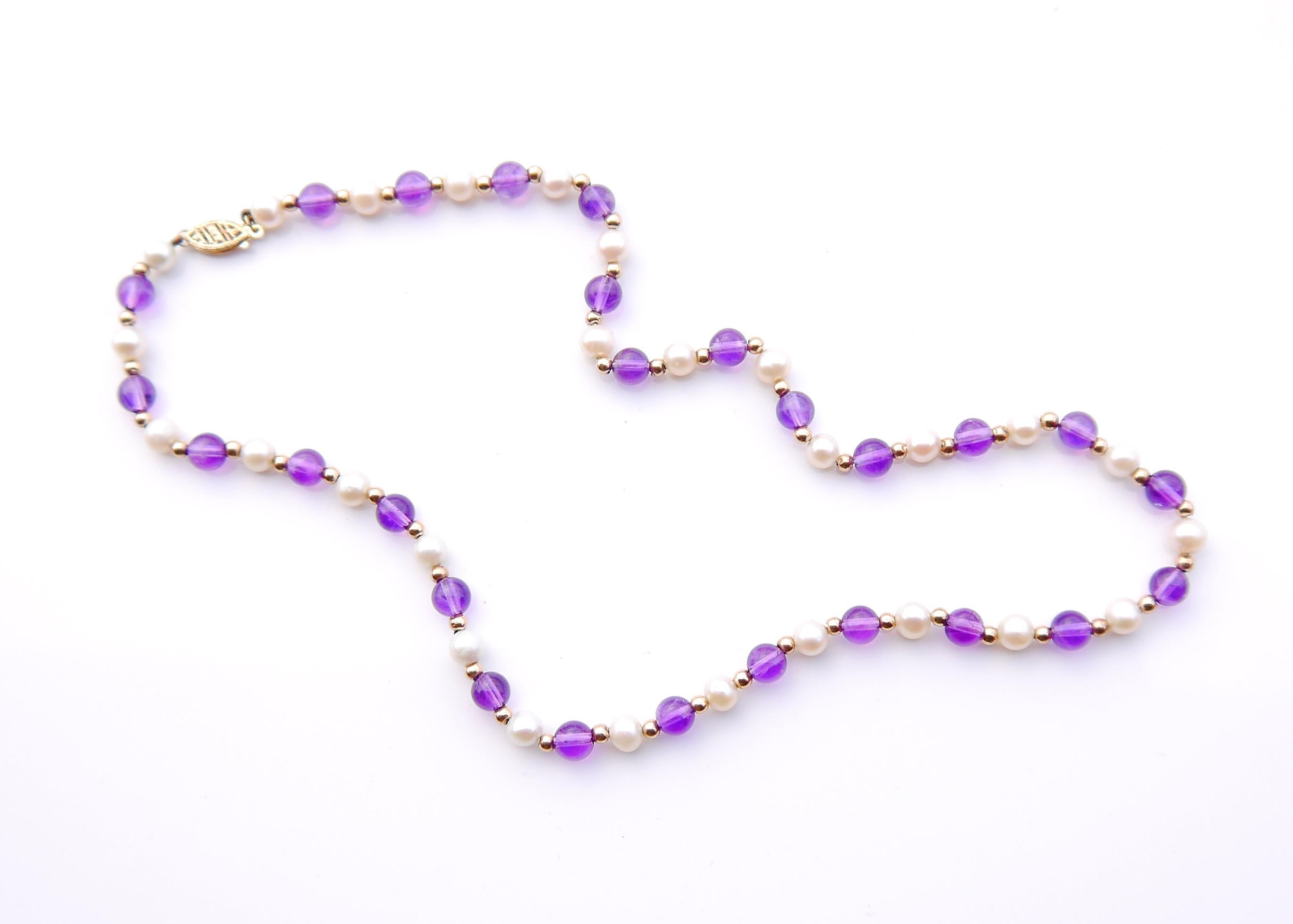 Art Deco Antique German Necklace Natural Amethyst Pearls Silk solid 10K Gold /44 cm/16 gr For Sale