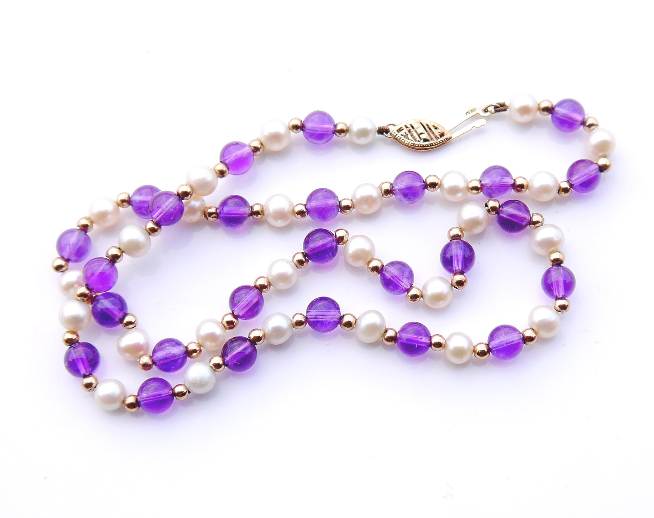 Ball Cut Antique German Necklace Natural Amethyst Pearls Silk solid 10K Gold /44 cm/16 gr For Sale