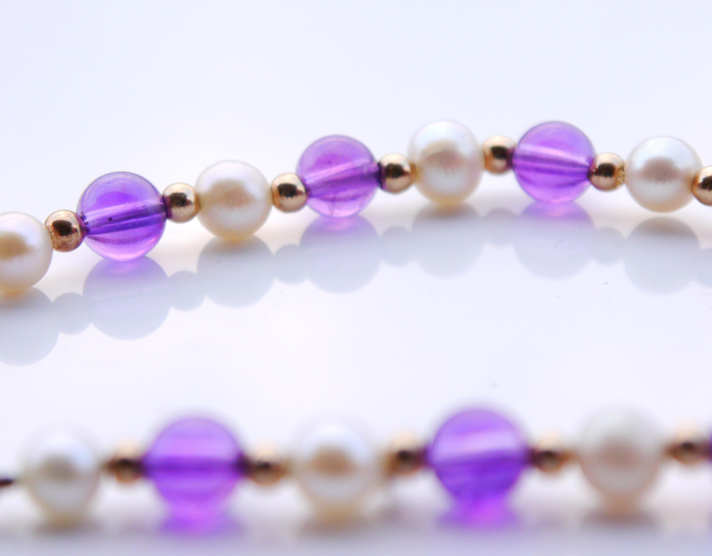 Women's Antique German Necklace Natural Amethyst Pearls Silk solid 10K Gold /44 cm/16 gr For Sale