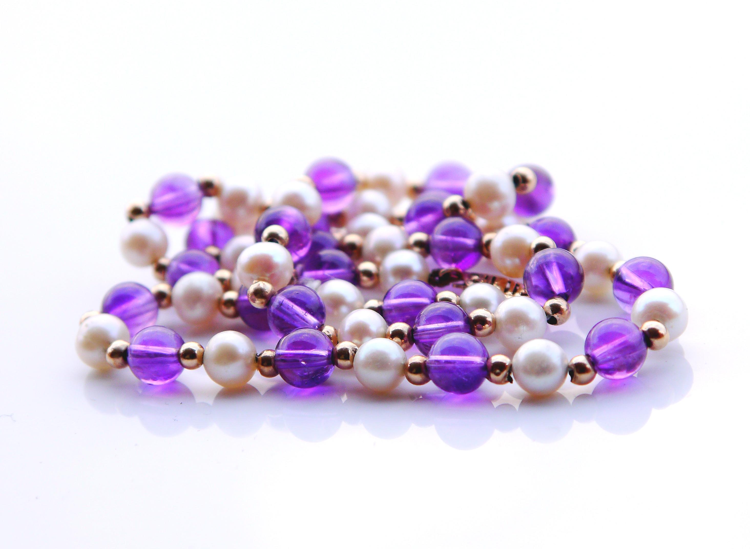 Antique German Necklace Natural Amethyst Pearls Silk solid 10K Gold /44 cm/16 gr For Sale 1