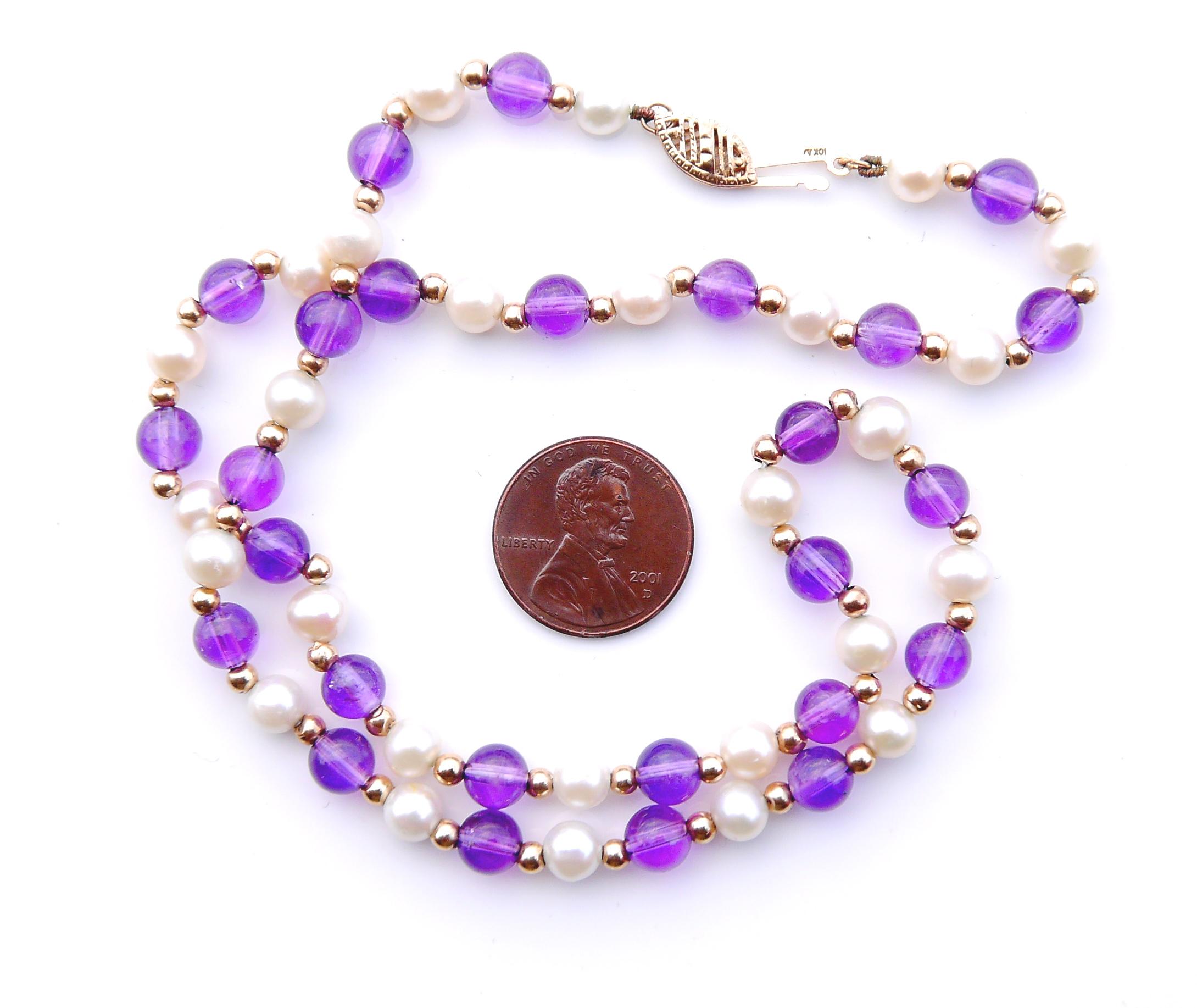 Antique German Necklace Natural Amethyst Pearls Silk solid 10K Gold /44 cm/16 gr For Sale 2