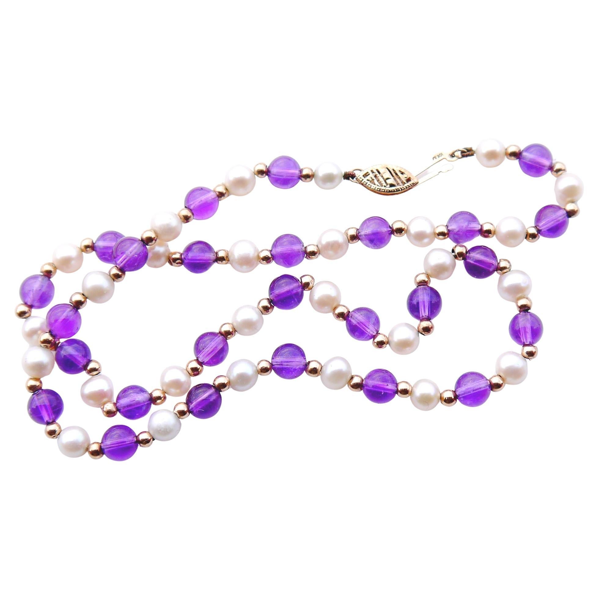 Antique German Necklace Natural Amethyst Pearls Silk solid 10K Gold /44 cm/16 gr