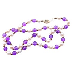 Antique German Necklace Natural Amethyst Pearls Silk solid 10K Gold /44 cm/16 gr