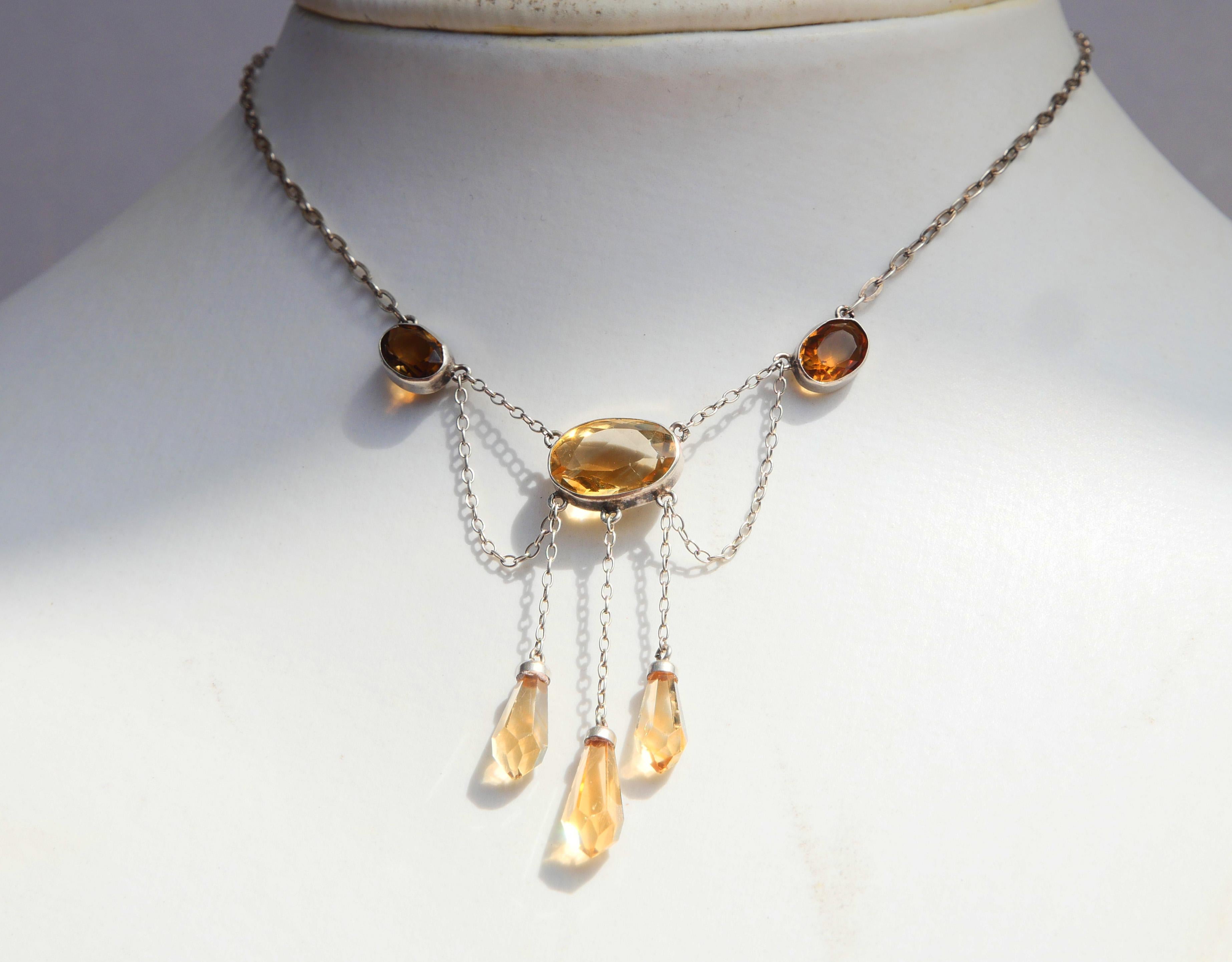 Art Nouveau Antique German Neglige Necklace Citrines solid Silver / 44cm / 4.95gr For Sale