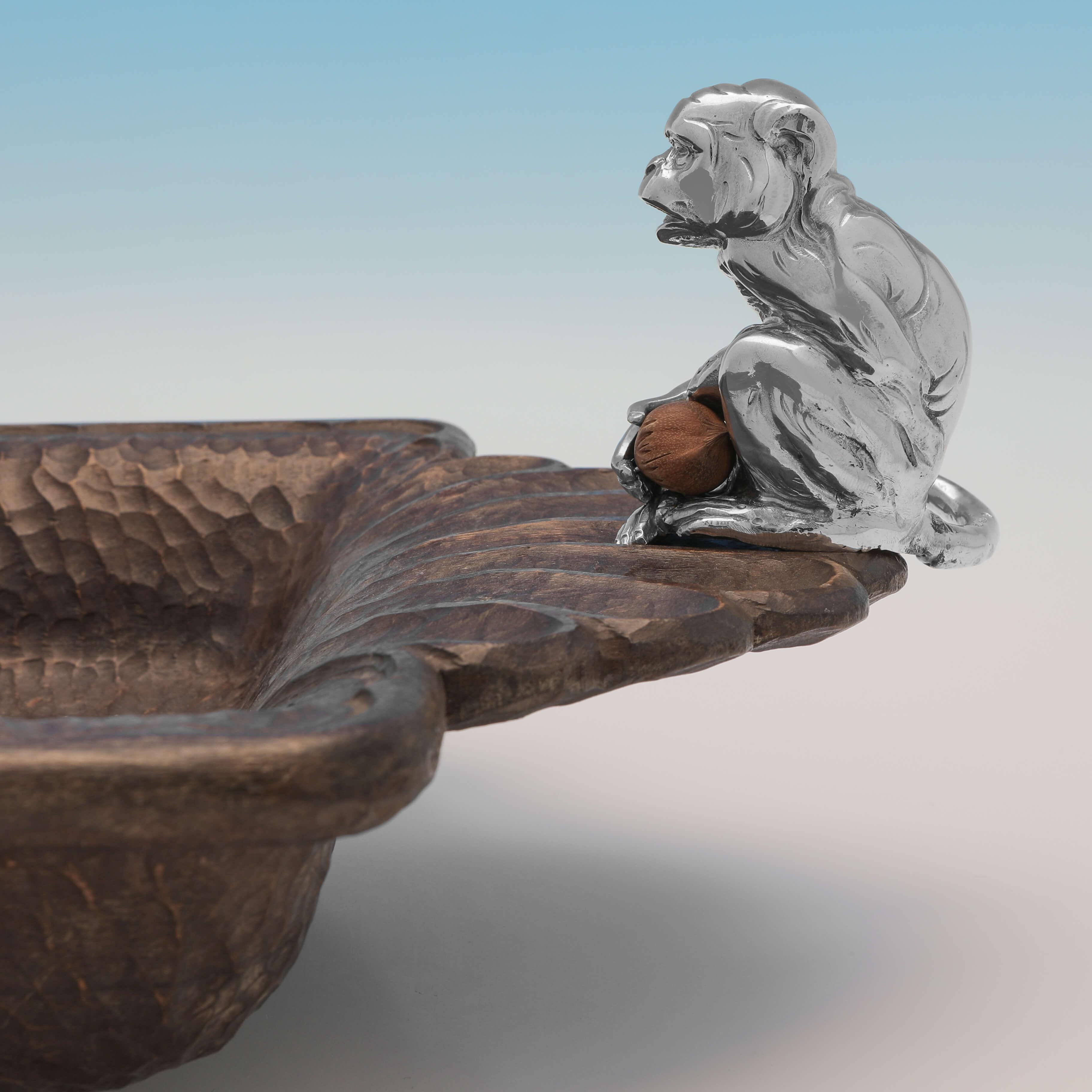 Antique German Nut Wood & Silver Nut Dish with Monkey Models, Made c. 1900 In Good Condition In London, London