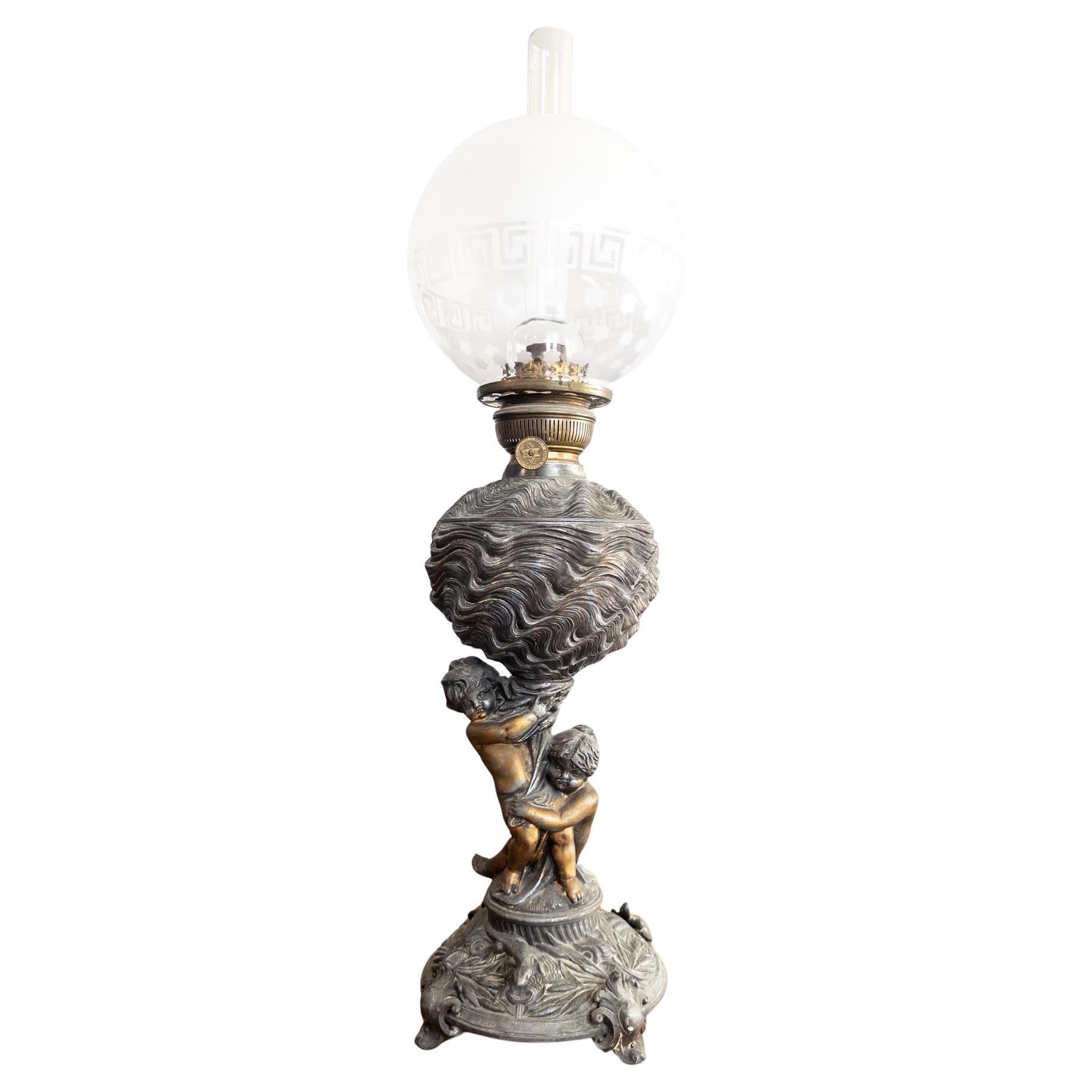 Antigua lámpara de aceite alemana con quemador "Herold" de Brendel & Löwig, Berlín, c. 1900 en venta