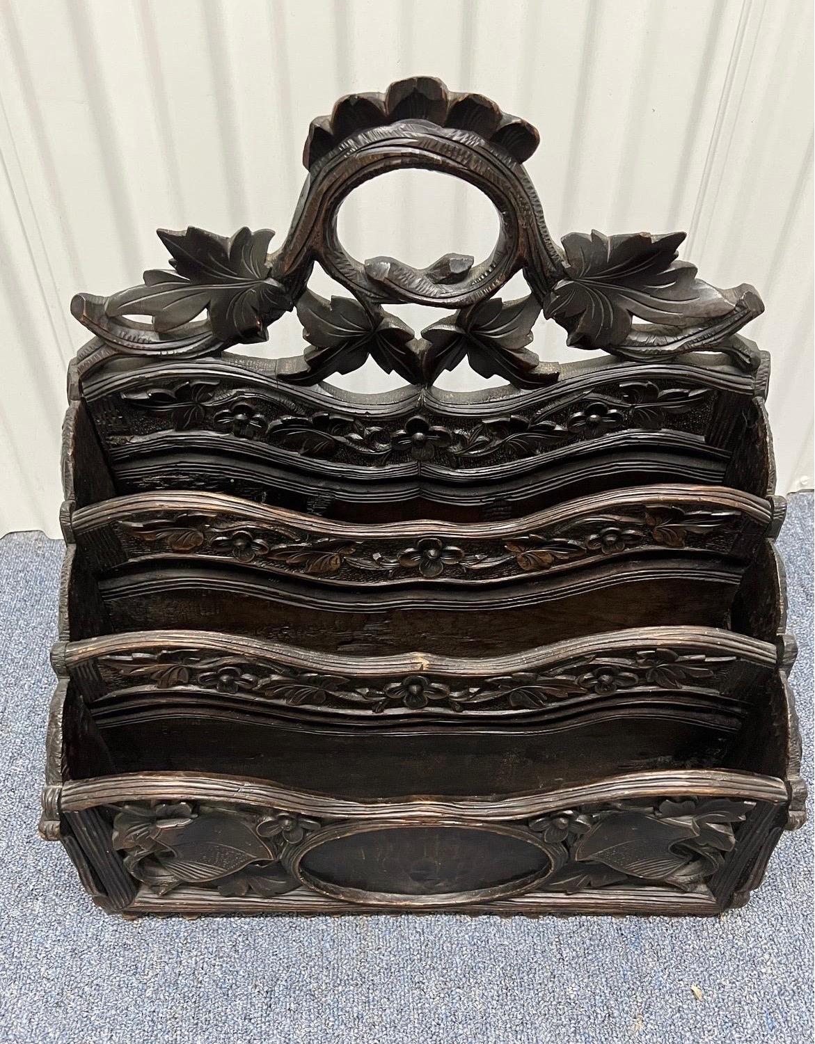 Antique German or Swiss Black Forest Hand Carved 3 Section Foliate Canterbury For Sale 1