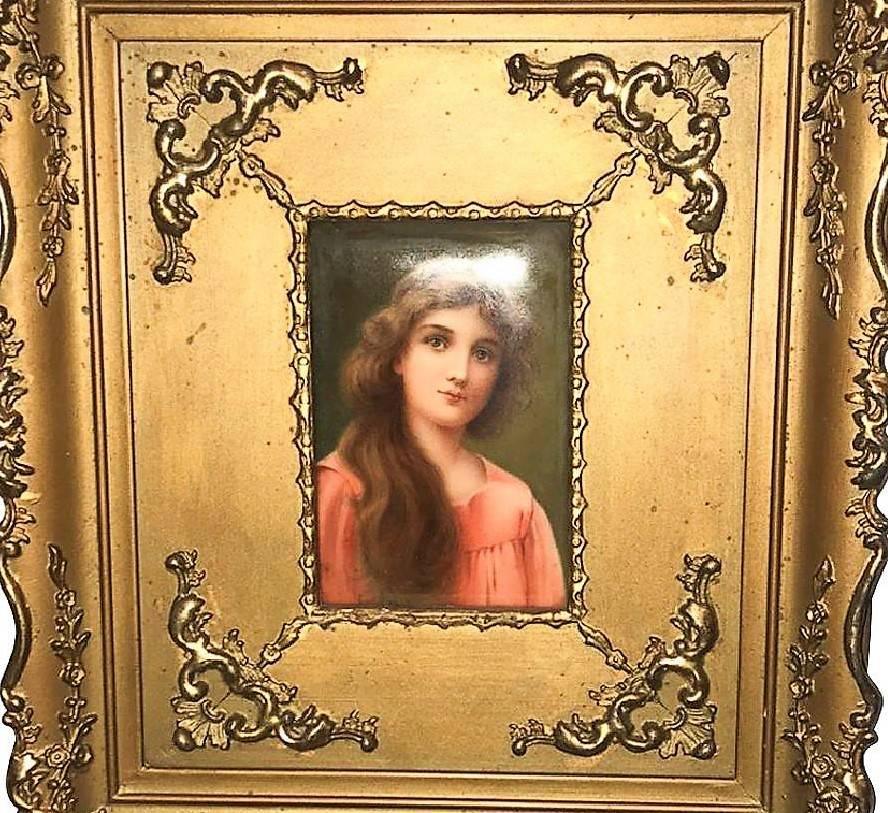 Finely executed 19th century German painted porcelain portrait plaque of a young beauty, signed on verso, Fris. Set in a highly detailed carved giltwood frame,

circa 1880.

White portion at top of photo is just glare.

Virtually perfect