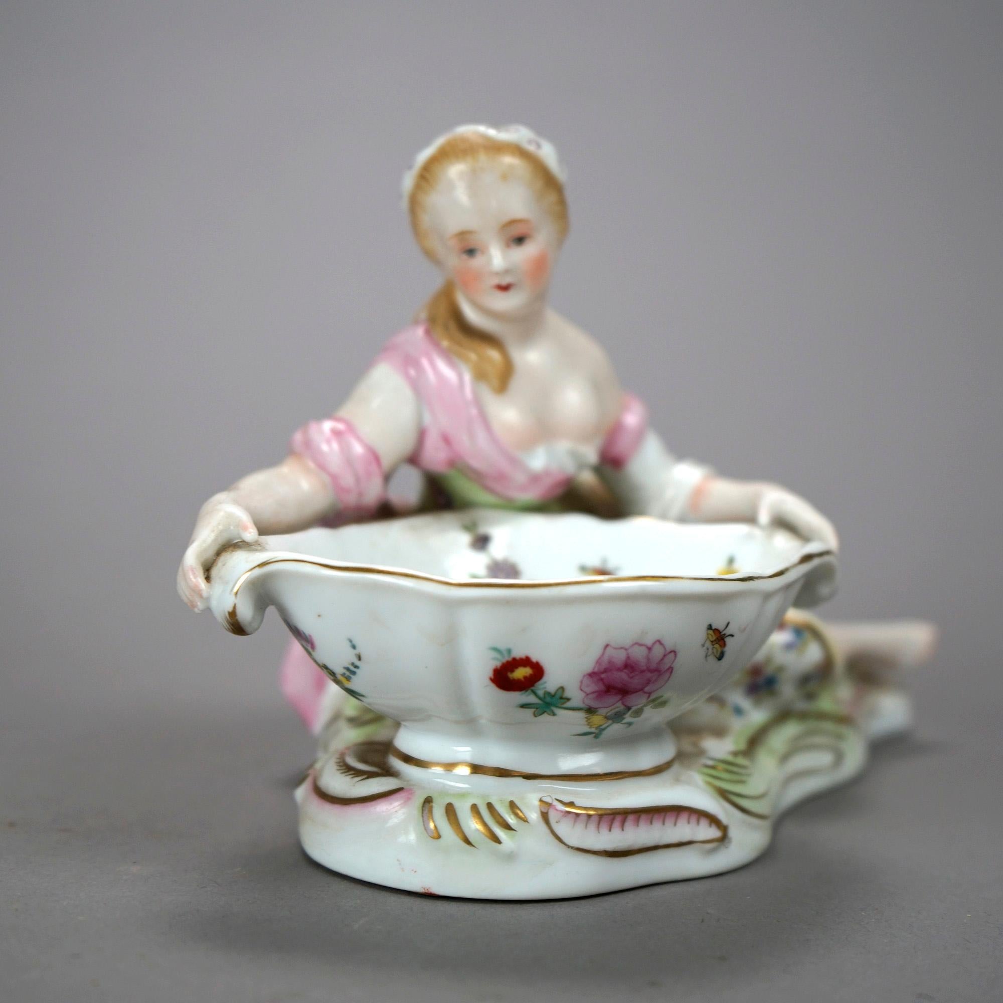 Gilt Antique German Pair Meissen School Figural Porcelain Sweet Meats Circa 1900