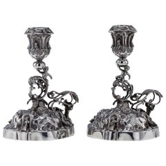 Antique German Pair of Solid Silver Figural Chambersticks, circa 1900
