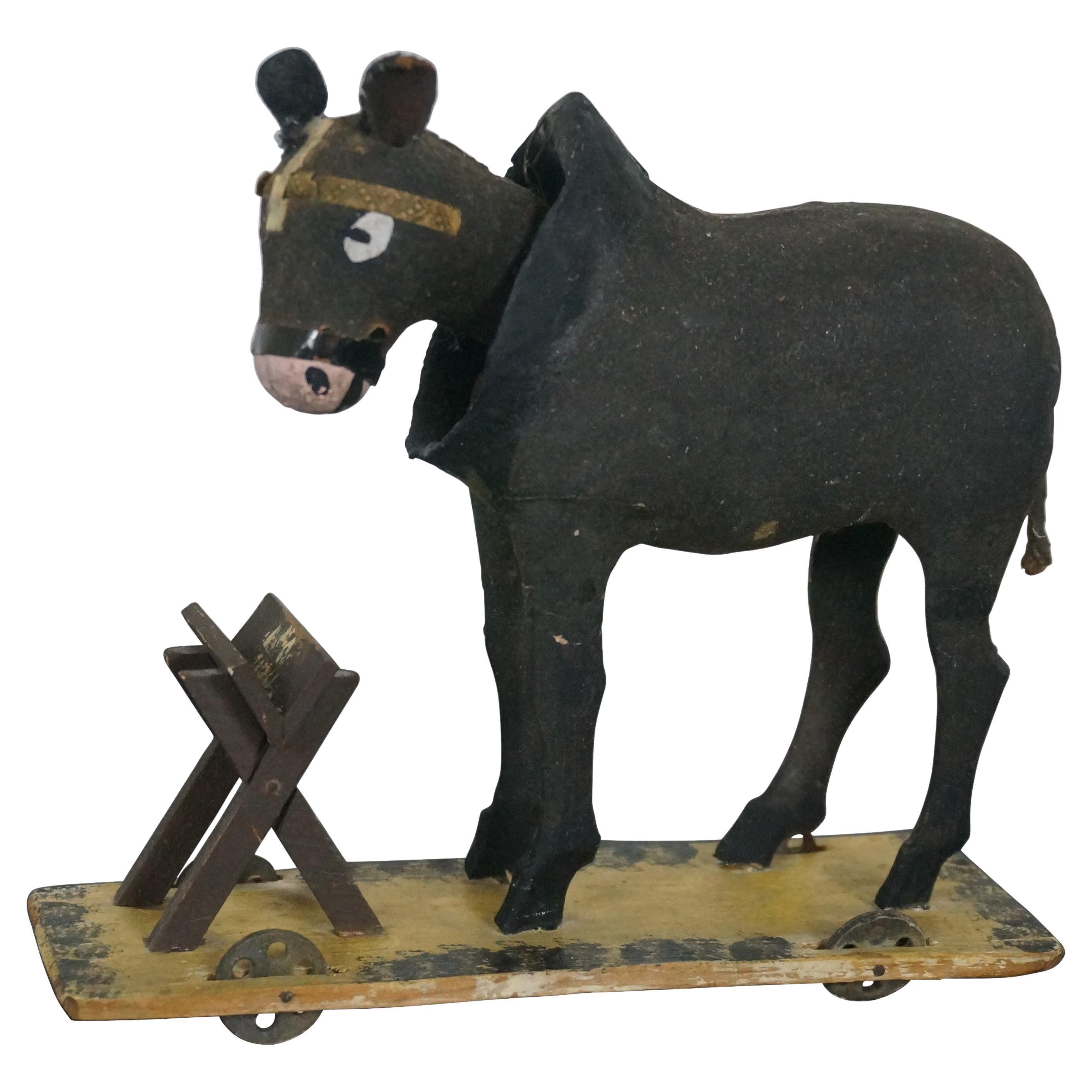 Antique German Paper Mache Bobble Head Mule Donkey Pull Cart Toy