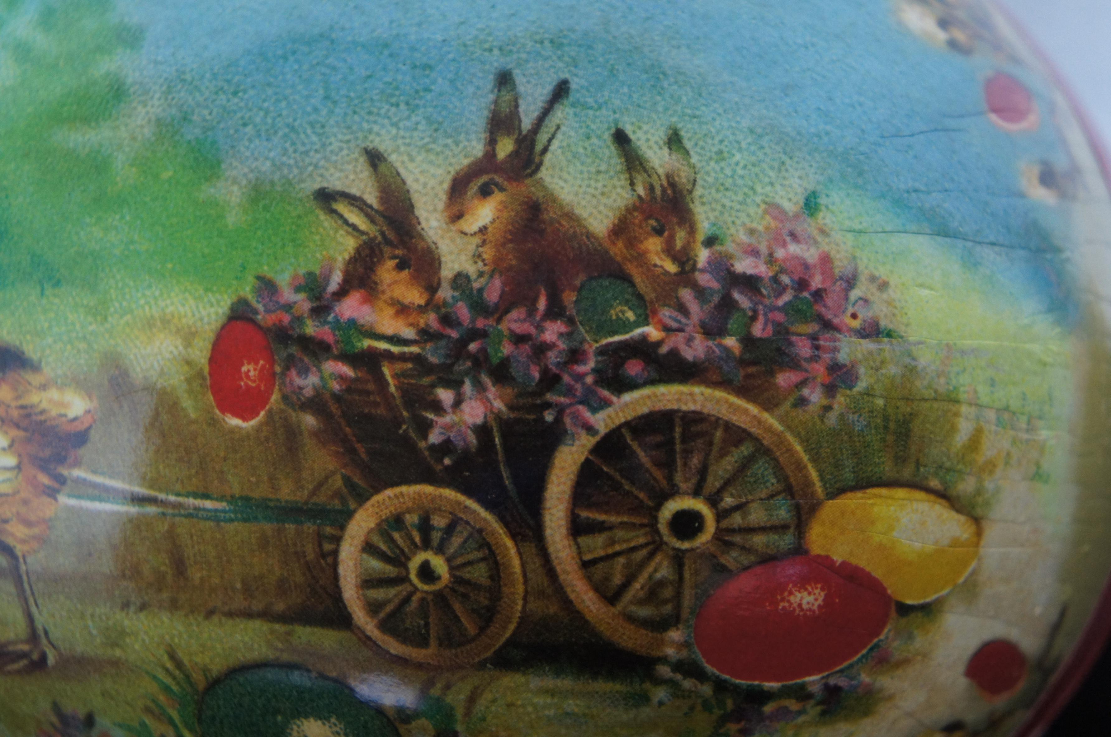 Antique German Paper Mâché Easter Egg Candy Container Chickens Rabbit Farm 6