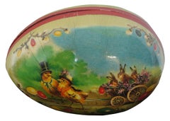 Antique German Paper Mâché Easter Egg Candy Container Chickens Rabbit Farm