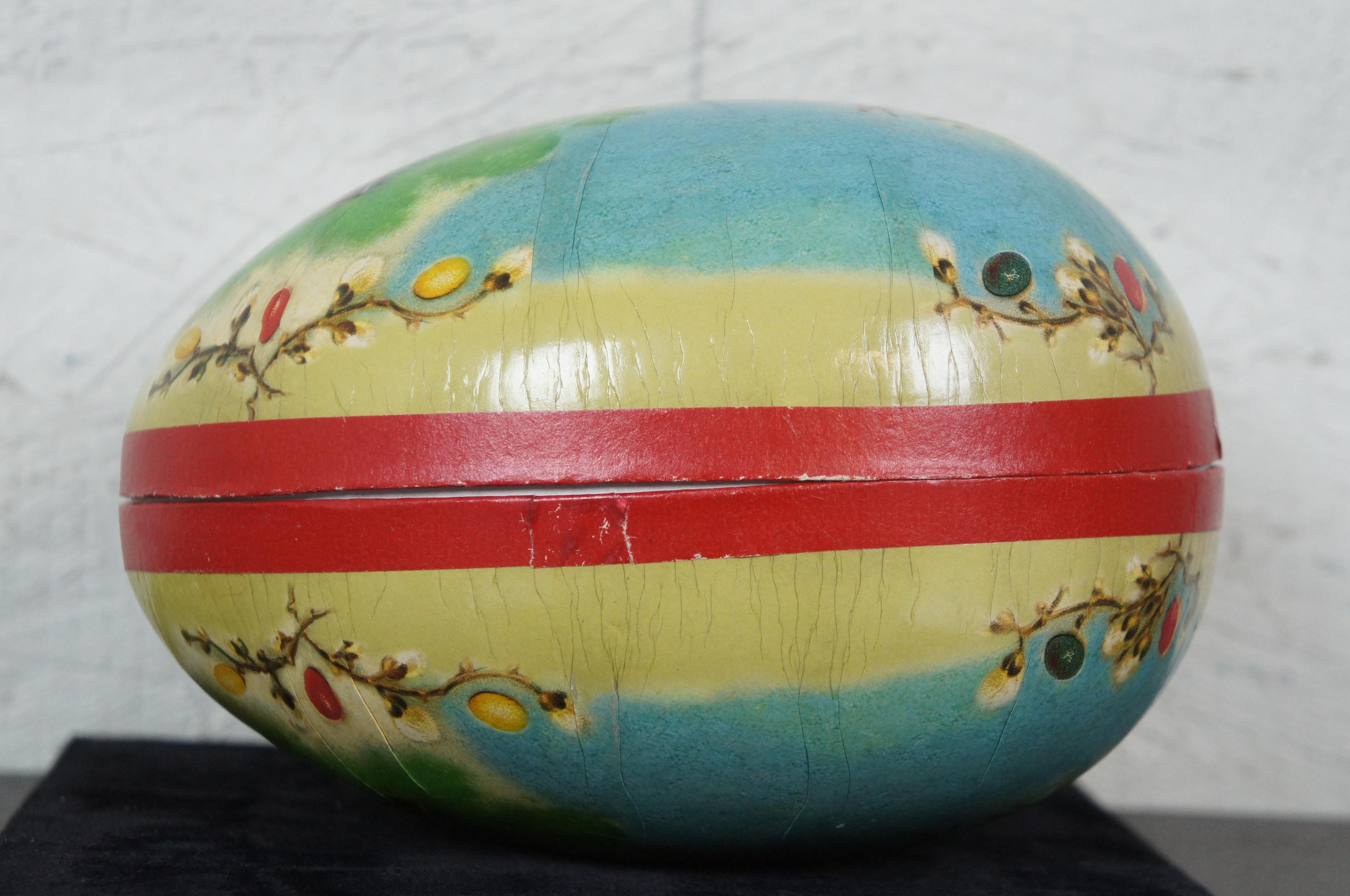 Antique German Paper Mâché Easter Egg Candy Container Chickens Rabbit Farm 4