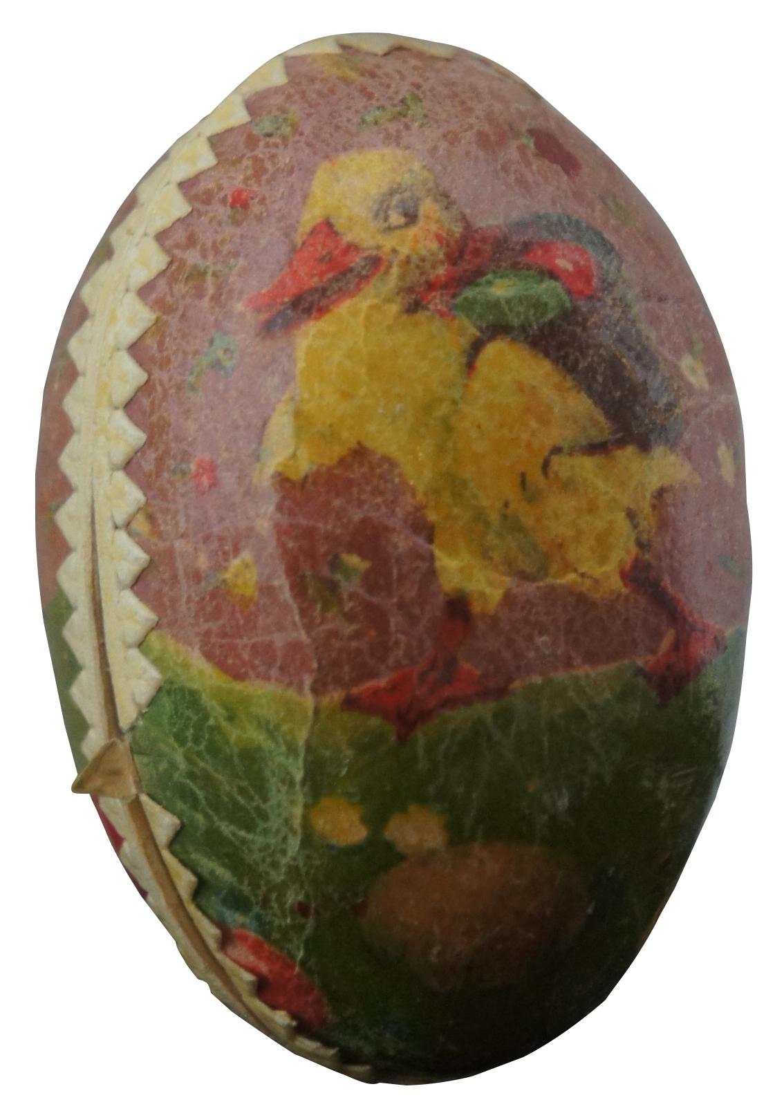 Antique German papier mâché Easter egg candy container, featuring a lithograph of a duck walking with a basket of eggs. Measure: 3