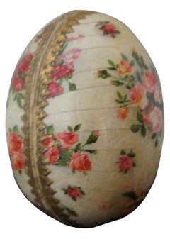 Antique German Papier Mâché Easter Egg Candy Container Floral Roses Gold
