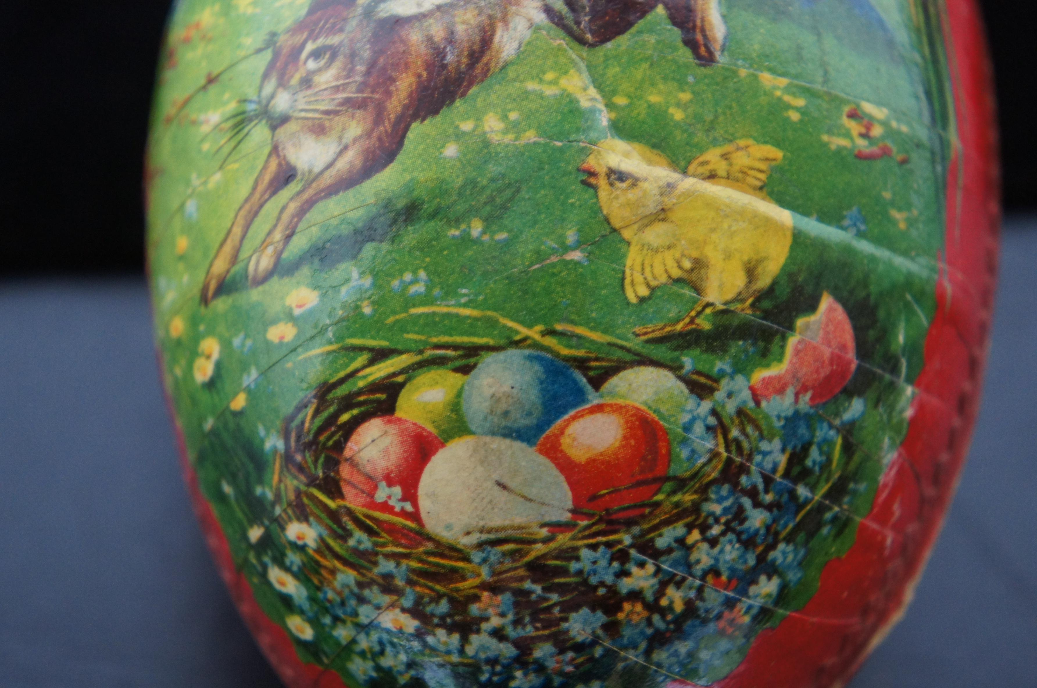 Antique German Papier Mâché Easter Egg Candy Container Leaping Rabbit Egg Nest 2