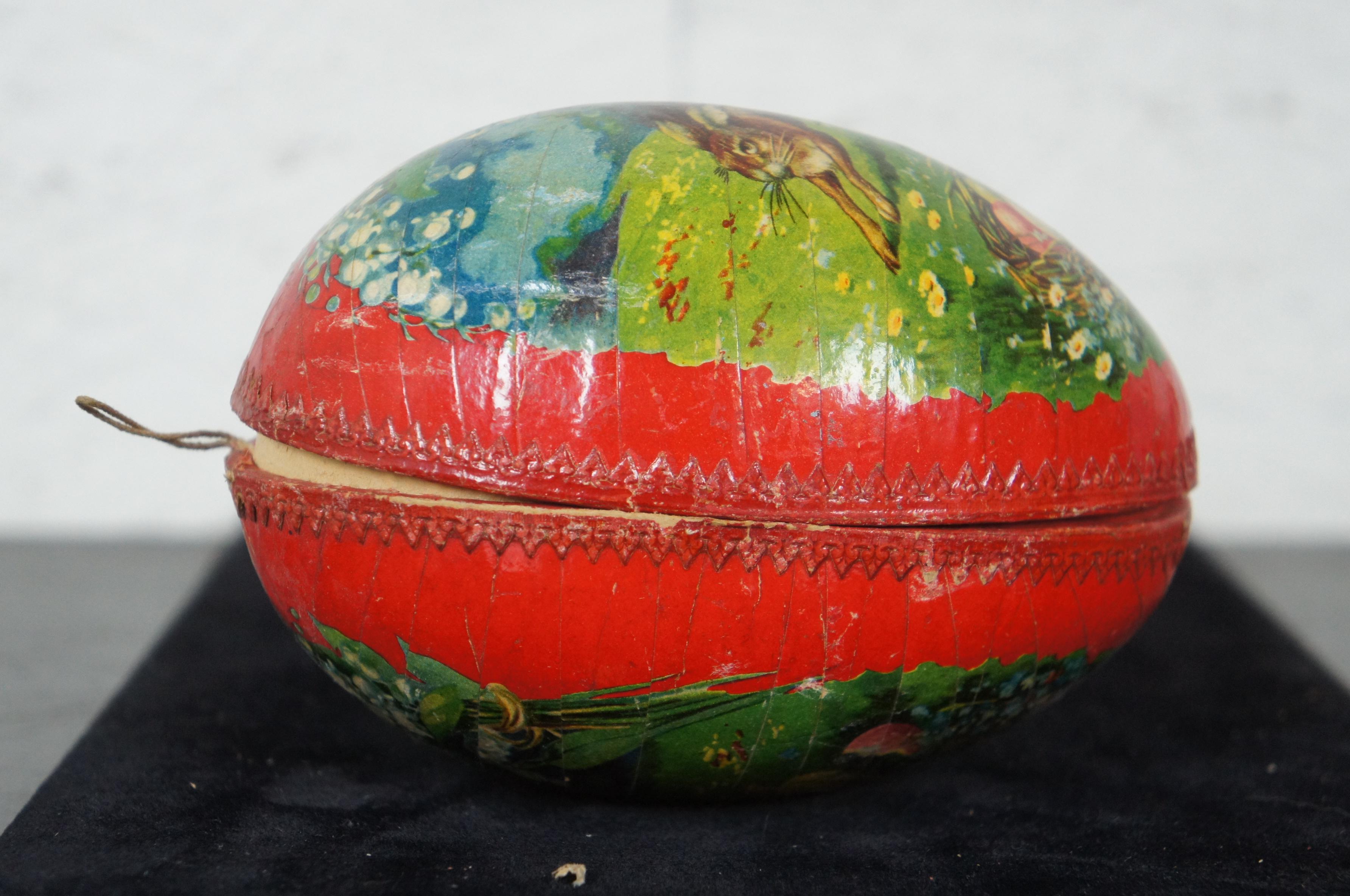 Antique German Papier Mâché Easter Egg Candy Container Leaping Rabbit Egg Nest In Good Condition In Dayton, OH