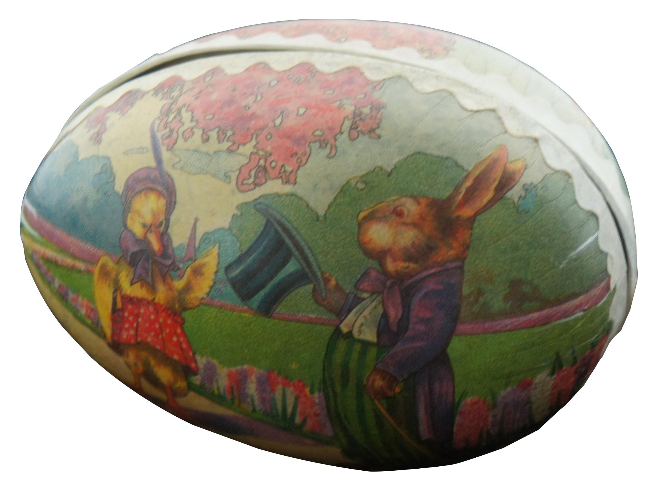 Antique German papier mâché Easter egg candy container, featuring a lithograph scene showing an anthropomorphized duck rejecting the advances of a well dressed rabbit in the park. Measure: 3.5