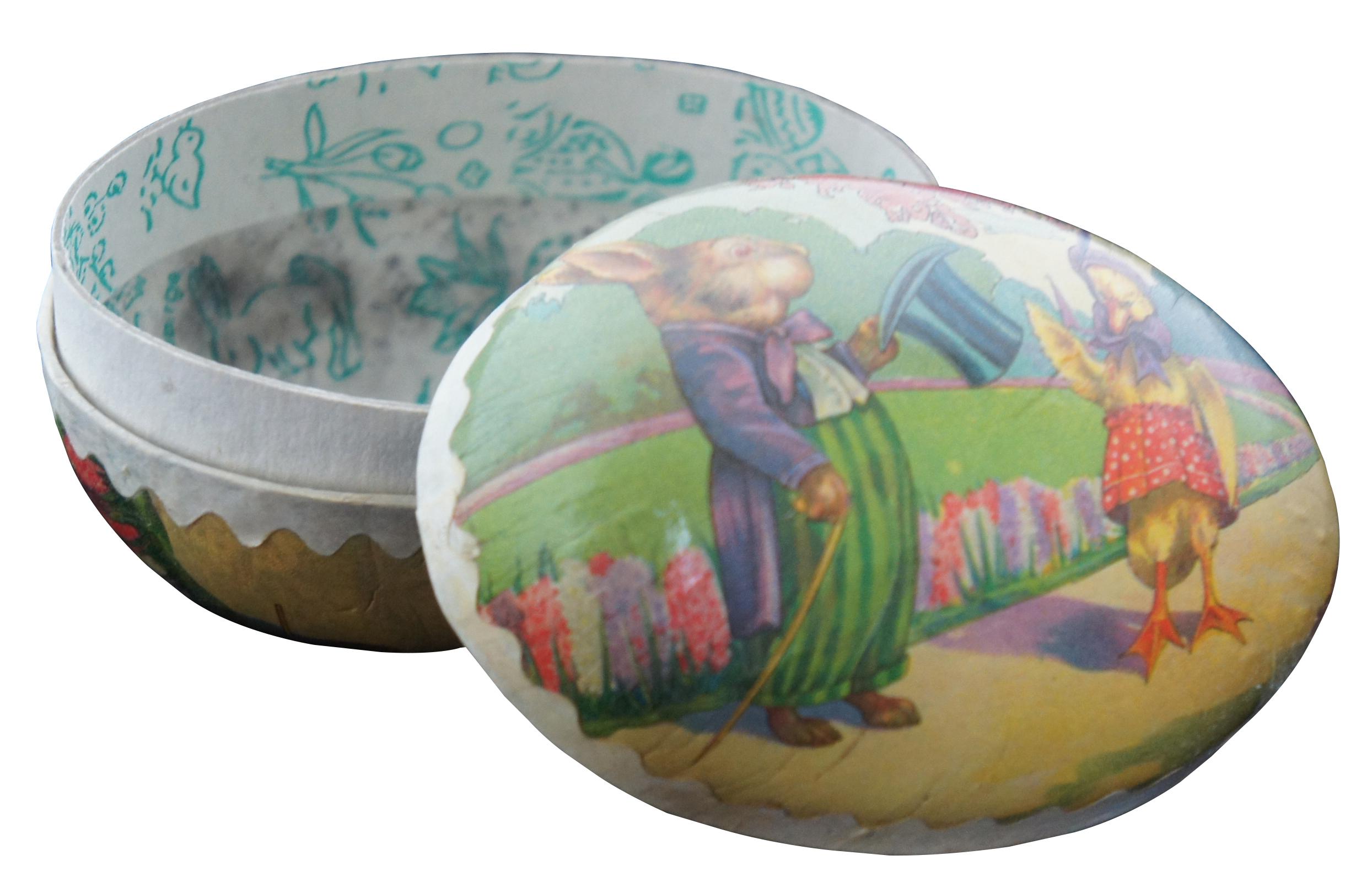 Victorian Antique German Papier Mâché Easter Egg Candy Container Mrs Duck & Mr Rabbit