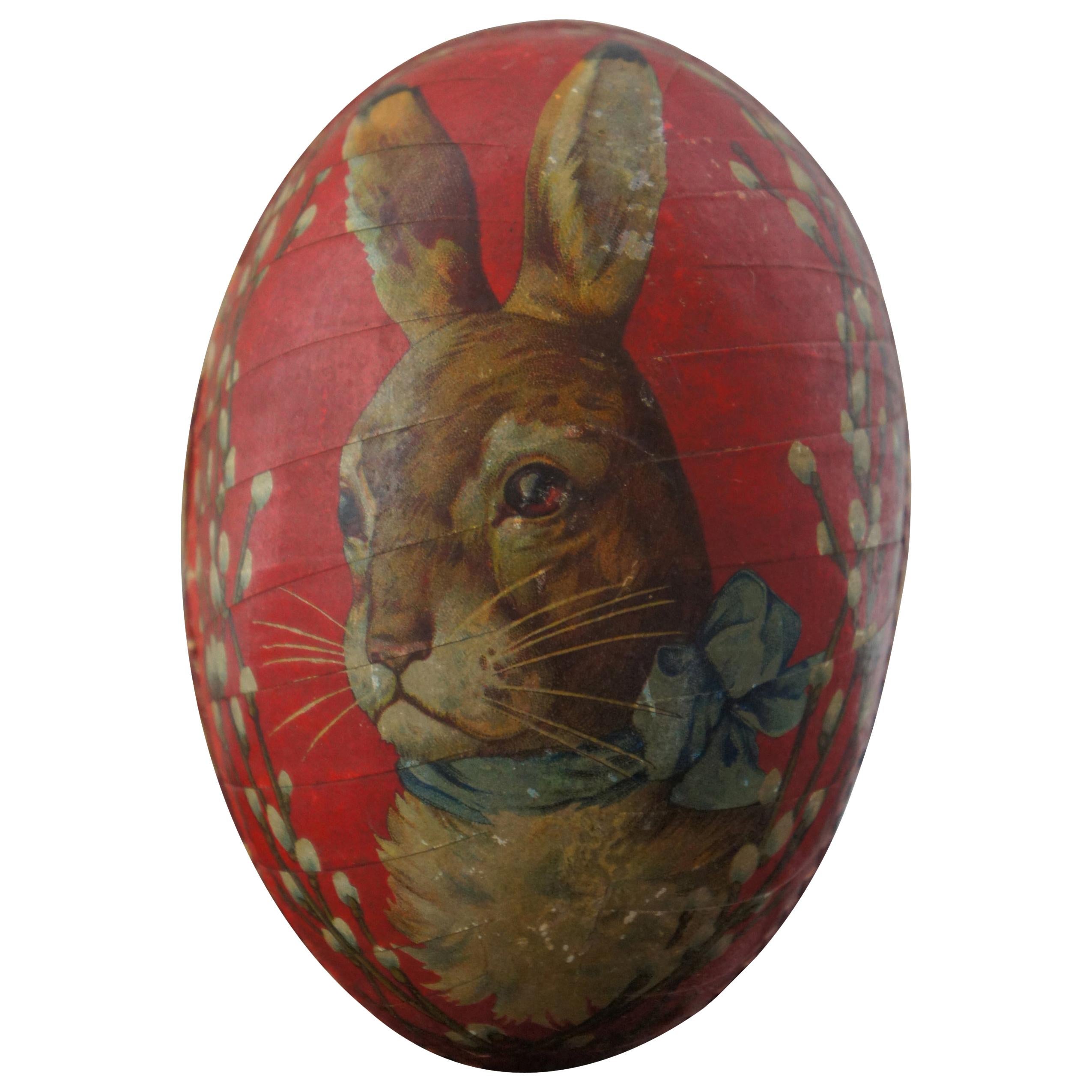 Antique German Paper Mâché Easter Egg Candy Container Rabbit Pussy Willow