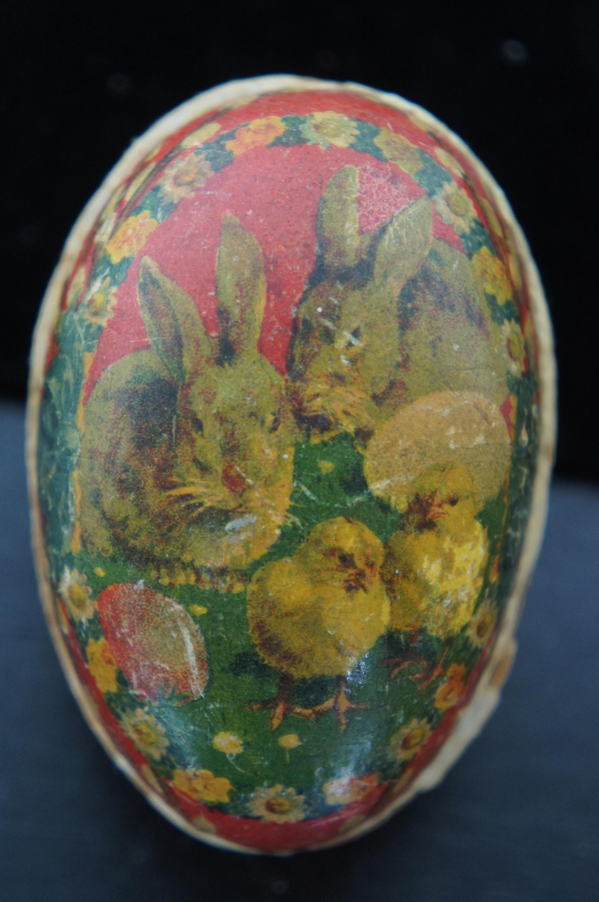 Antique German Paper Mâché Easter Egg Candy Container Rabbits Chicks Flowers 5