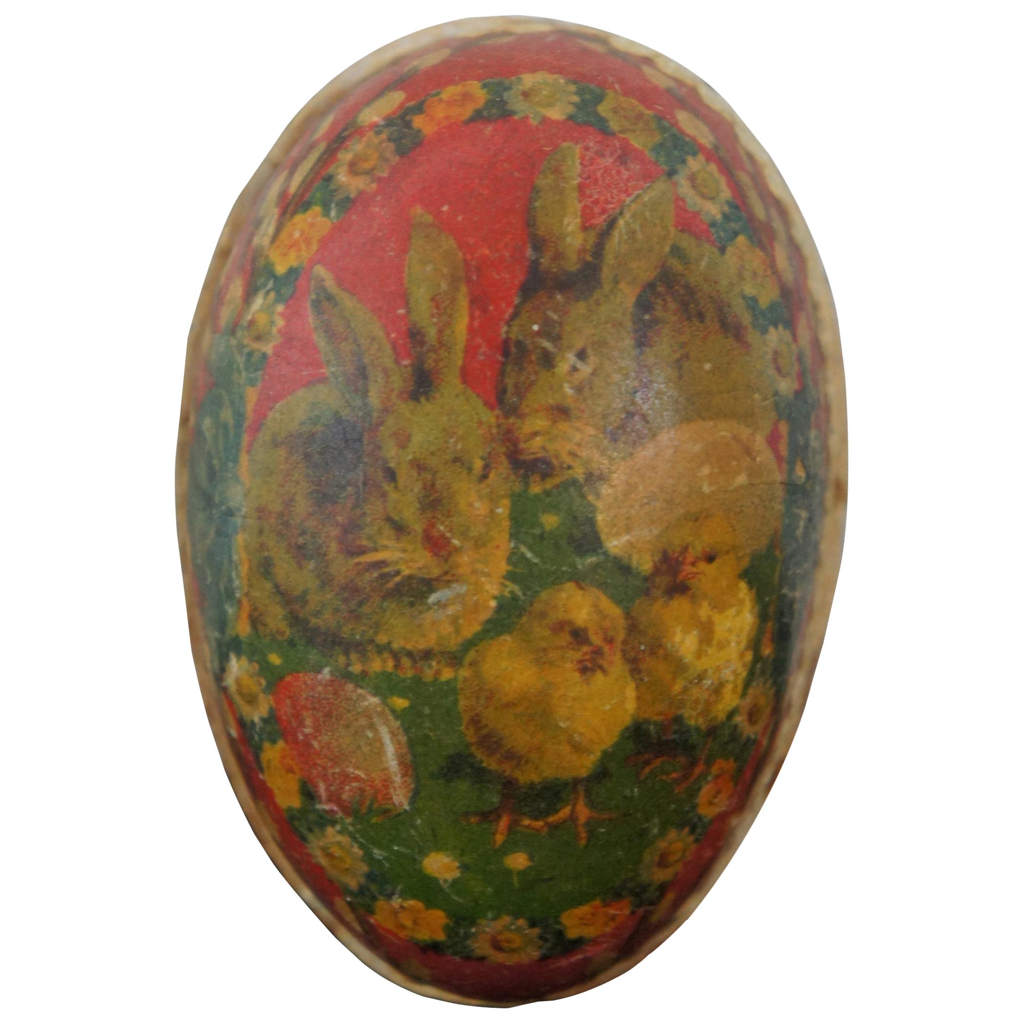 Antique German Paper Mâché Easter Egg Candy Container Rabbits Chicks Flowers