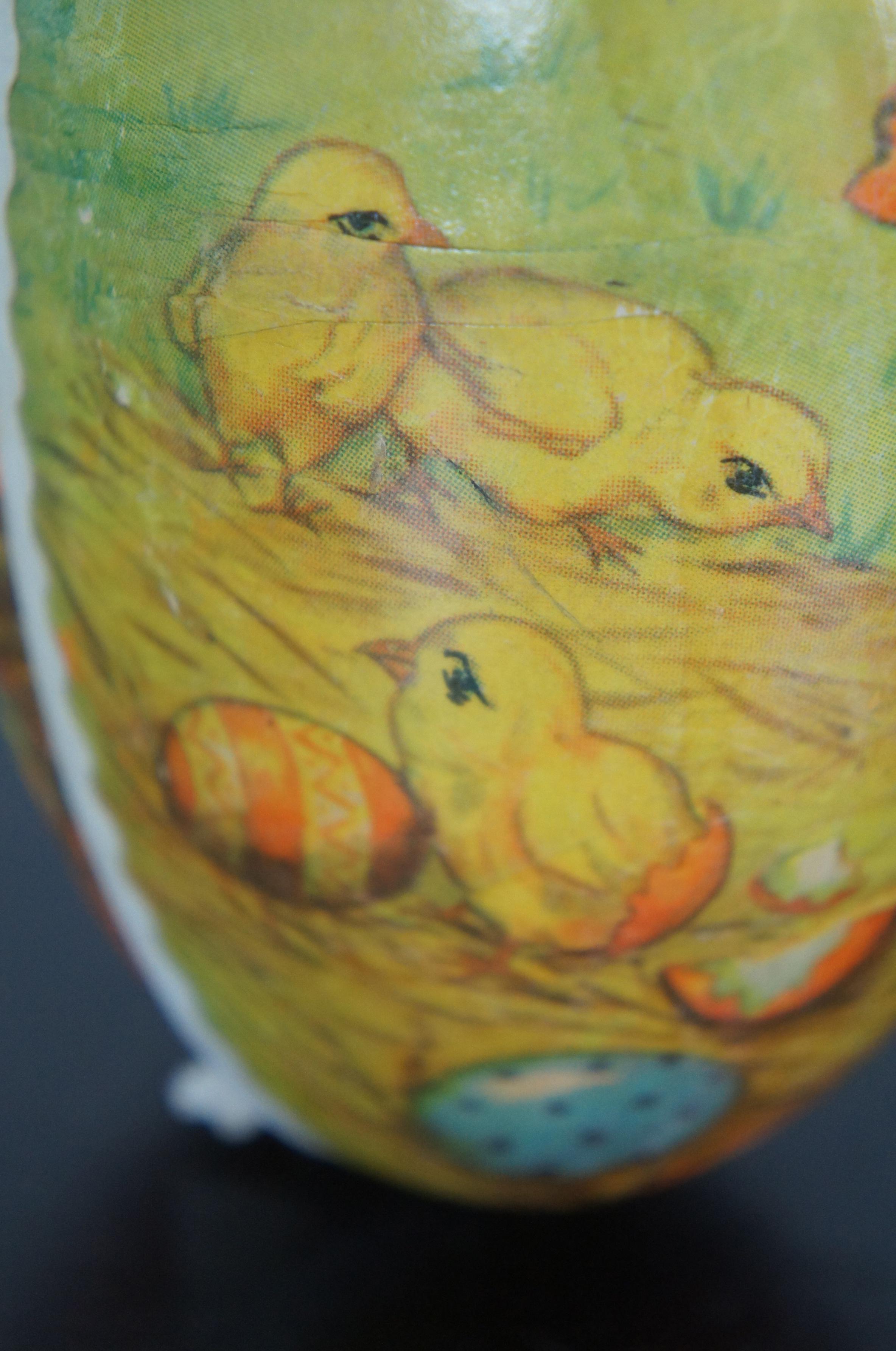 Antique German Papier Mâché Easter Egg Candy Container Rooster Chick Bird Farm 2