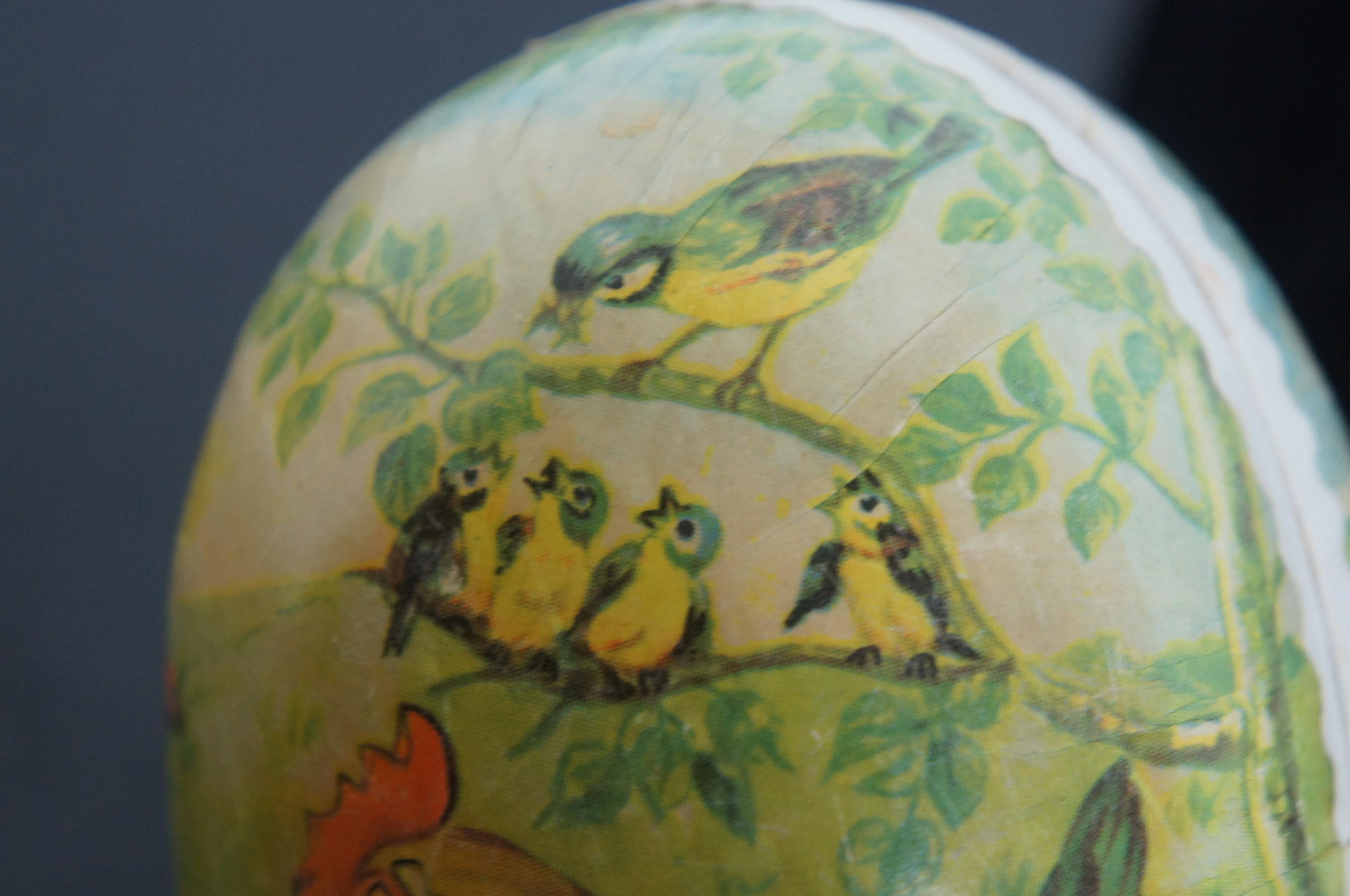Antique German Papier Mâché Easter Egg Candy Container Rooster Chick Bird Farm 3