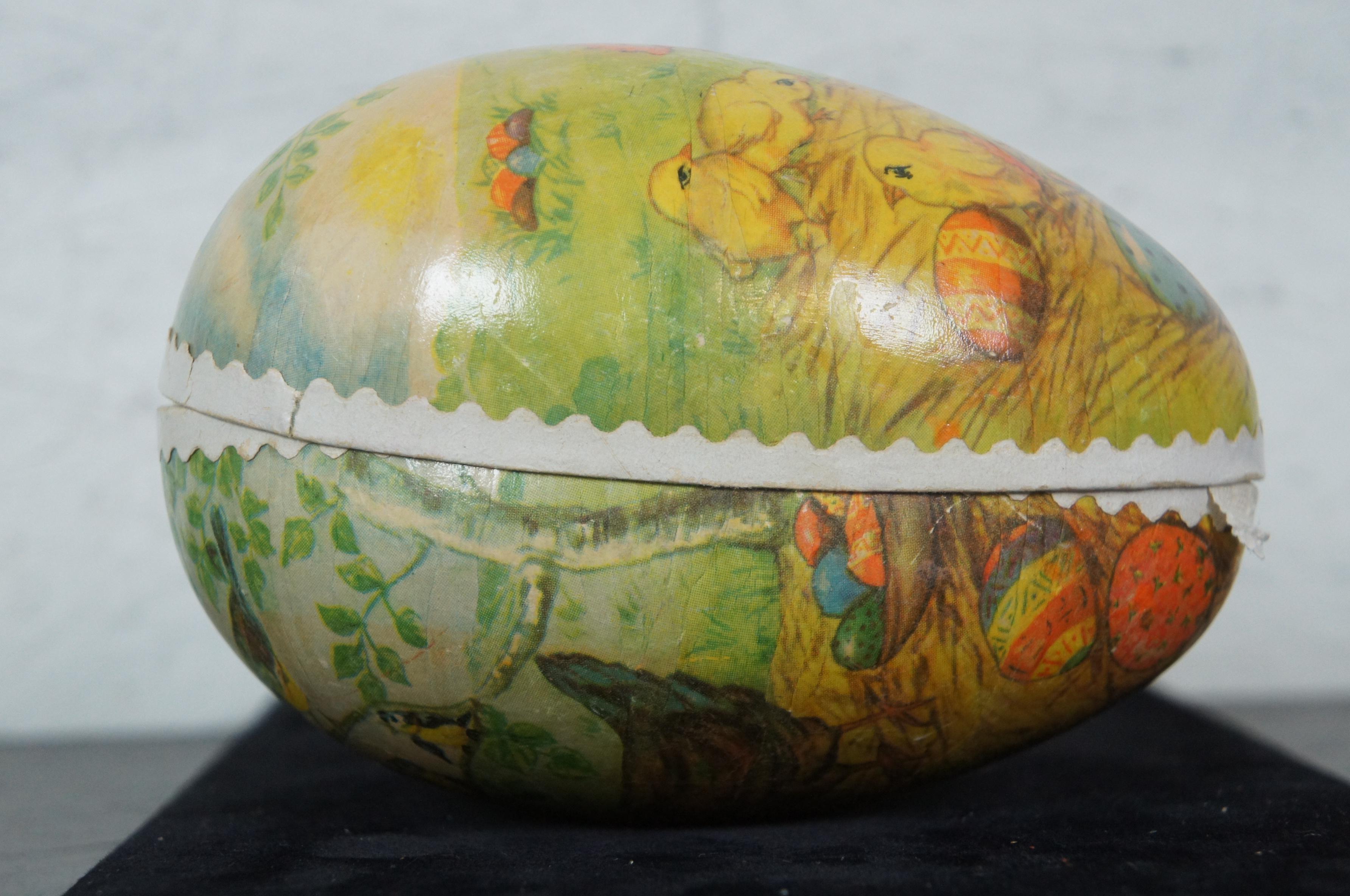 20th Century Antique German Papier Mâché Easter Egg Candy Container Rooster Chick Bird Farm