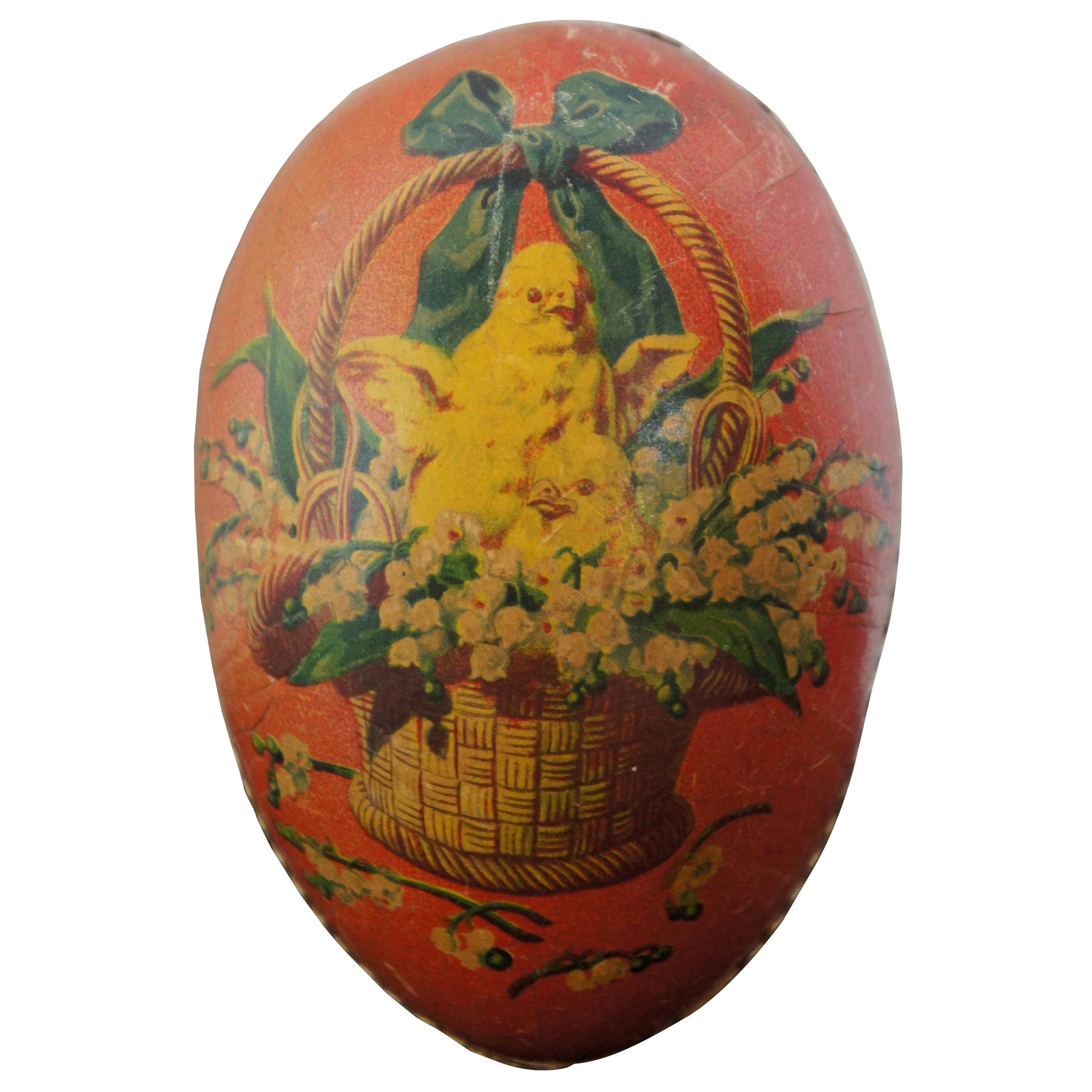 Antique German Papier Mâché Easter Egg Candy Container Chicken Flower