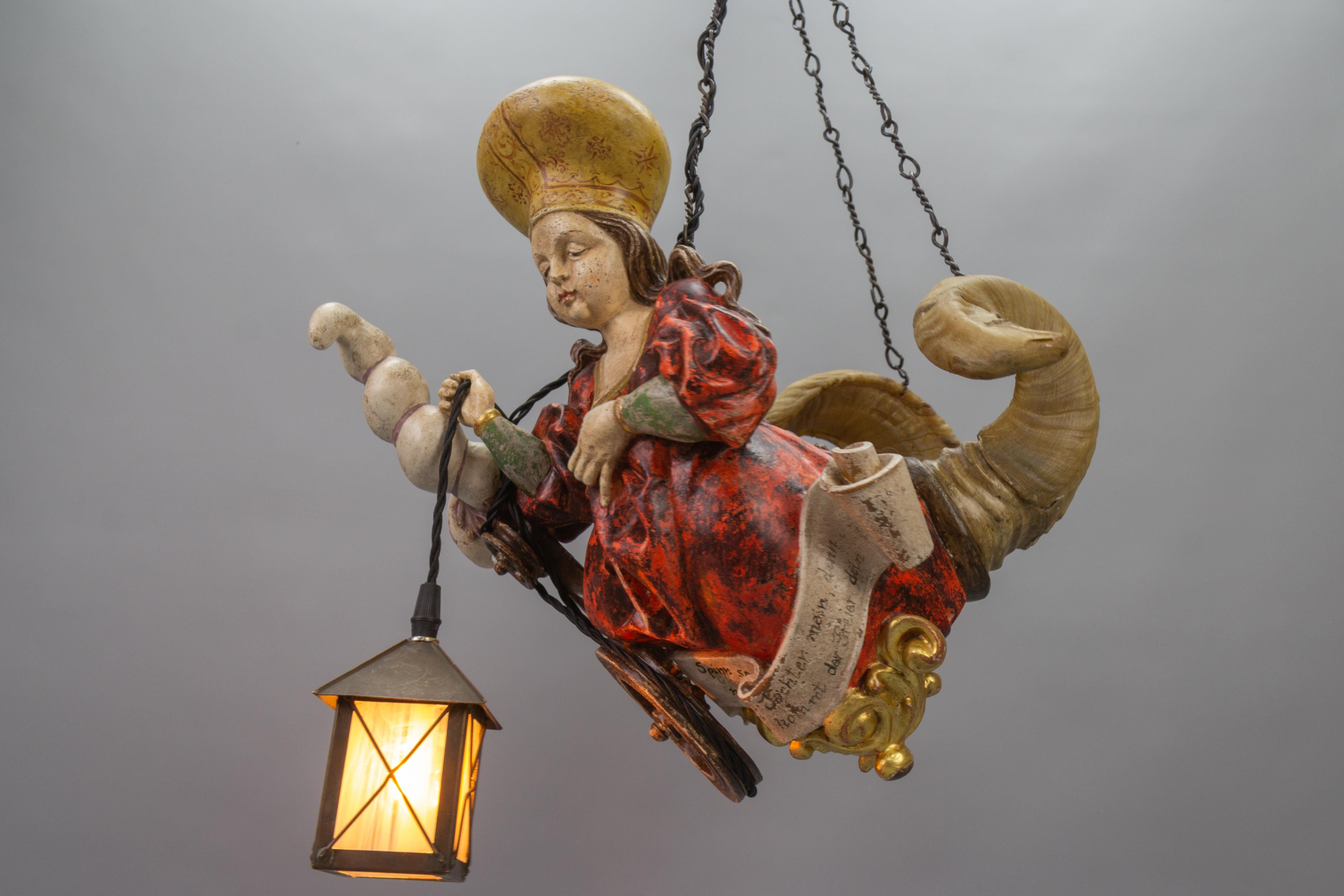 Baroque Antique German Pendant Chandelier Wooden Polychrome Lusterweibchen with Lantern For Sale