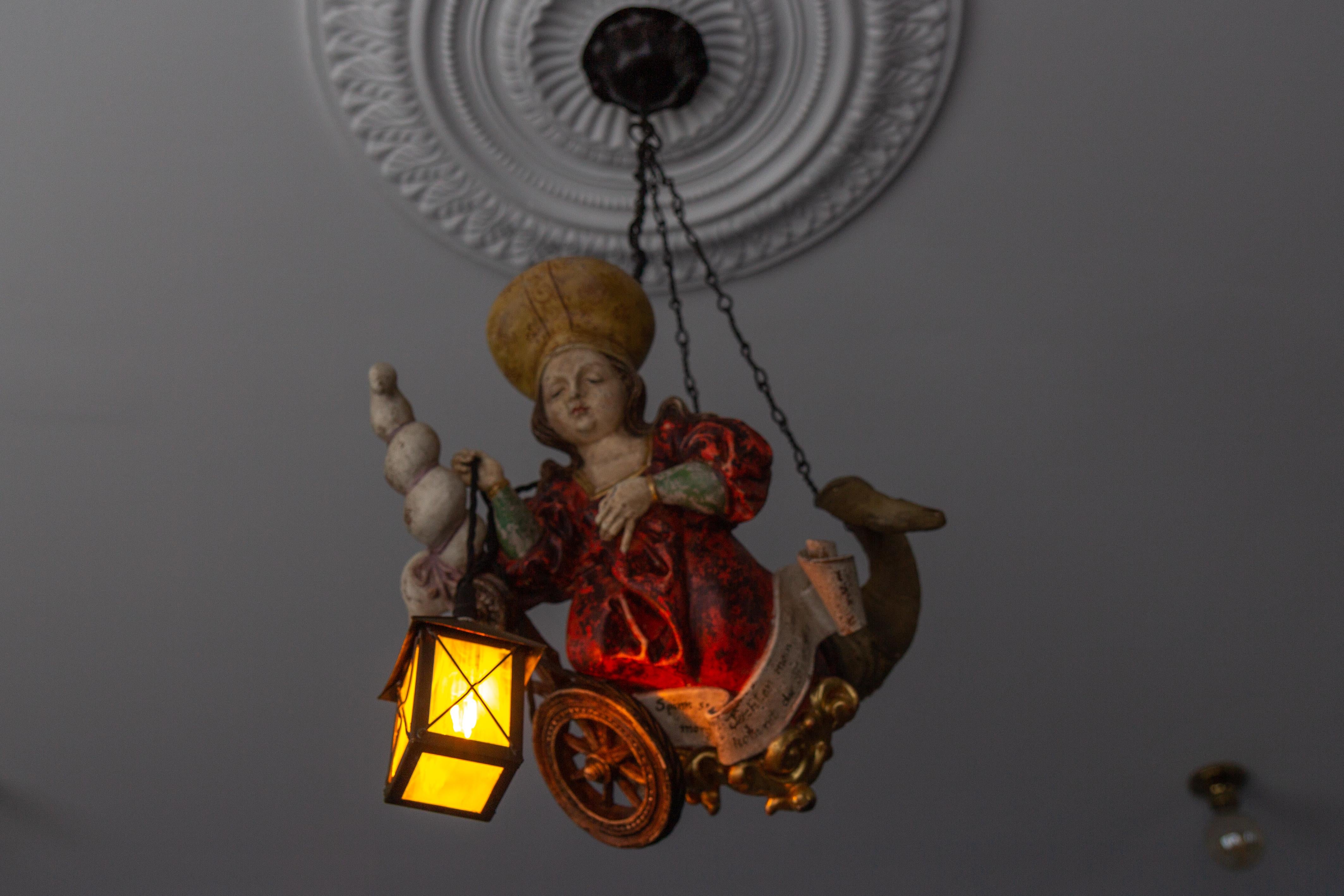 Early 20th Century Antique German Pendant Chandelier Wooden Polychrome Lusterweibchen with Lantern For Sale