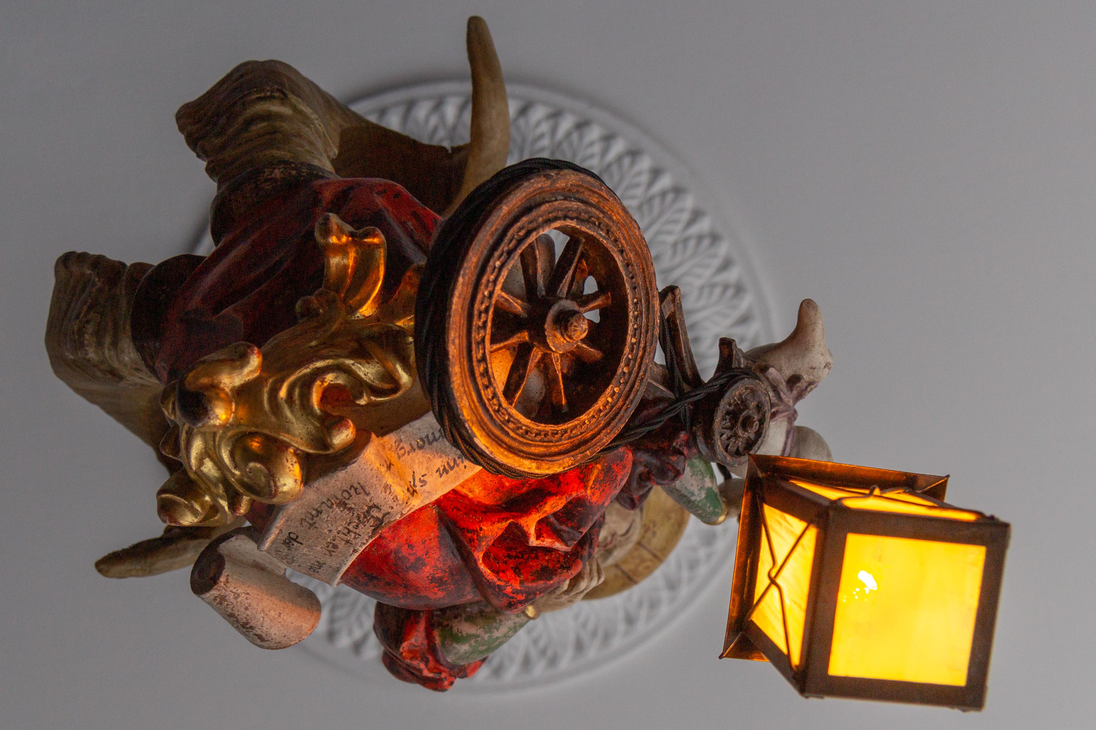Metal Antique German Pendant Chandelier Wooden Polychrome Lusterweibchen with Lantern For Sale
