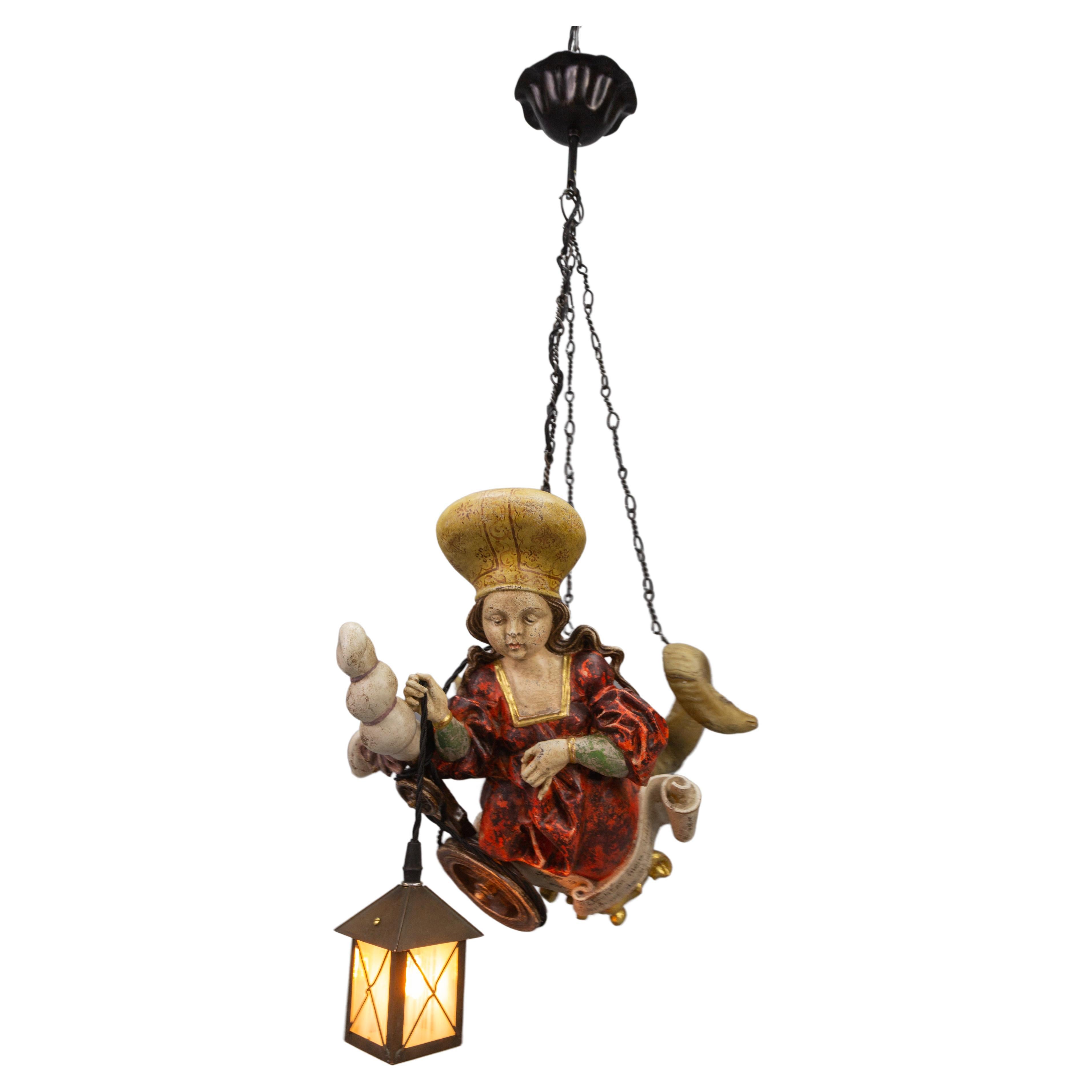 Antique German Pendant Chandelier Wooden Polychrome Lusterweibchen with Lantern For Sale