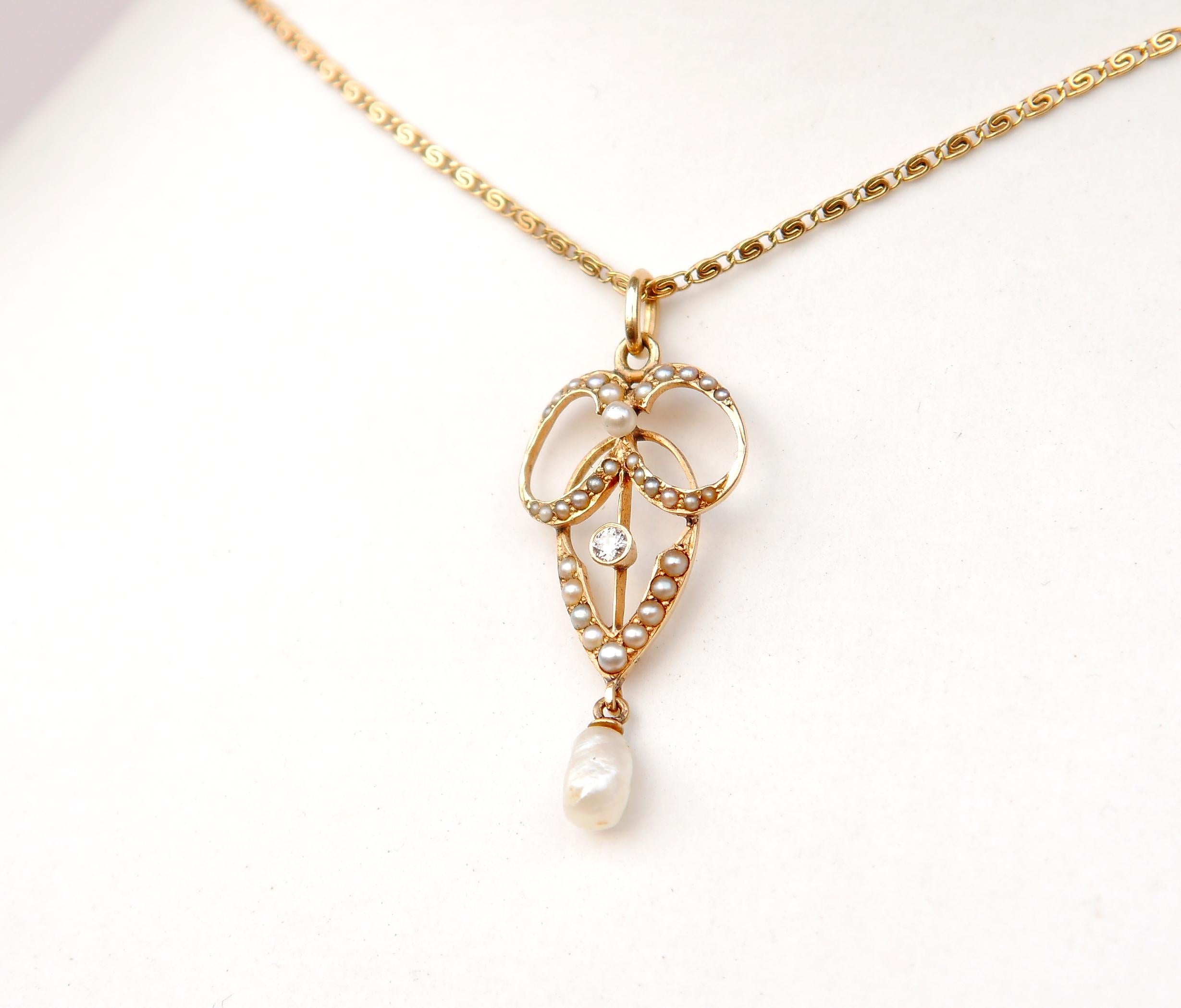 Art Nouveau Antique German Pendant Seed Pearls and Diamond solid 14K Gold /1.2gr For Sale
