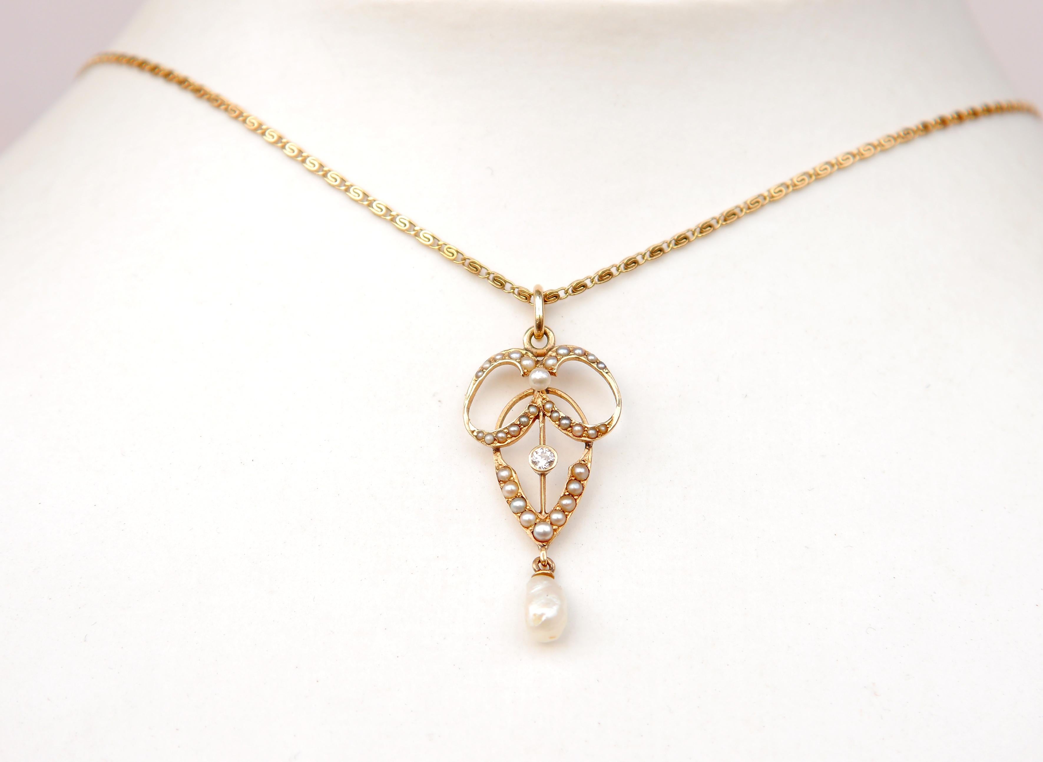 Old European Cut Antique German Pendant Seed Pearls and Diamond solid 14K Gold /1.2gr For Sale