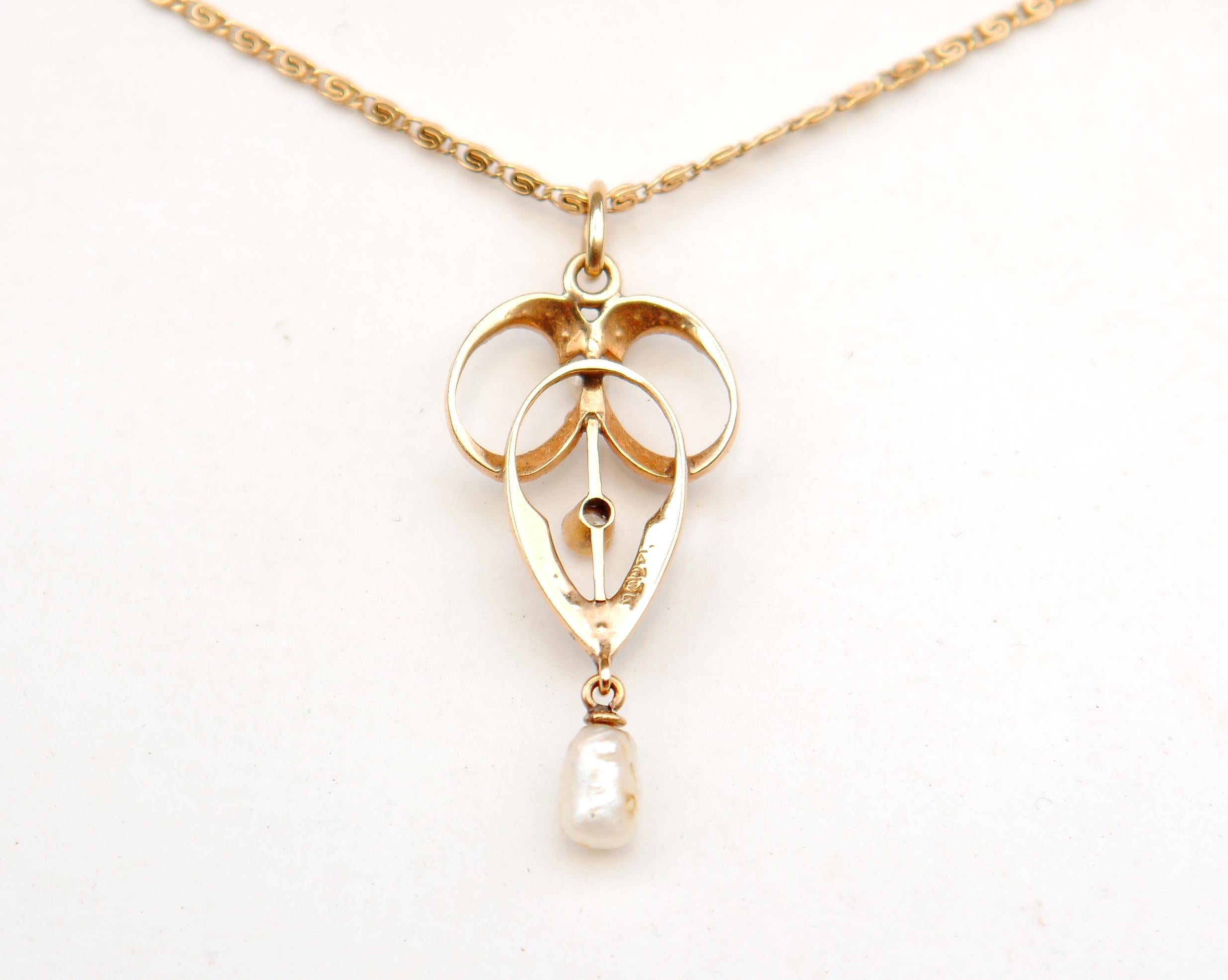 Women's or Men's Antique German Pendant Seed Pearls and Diamond solid 14K Gold /1.2gr For Sale