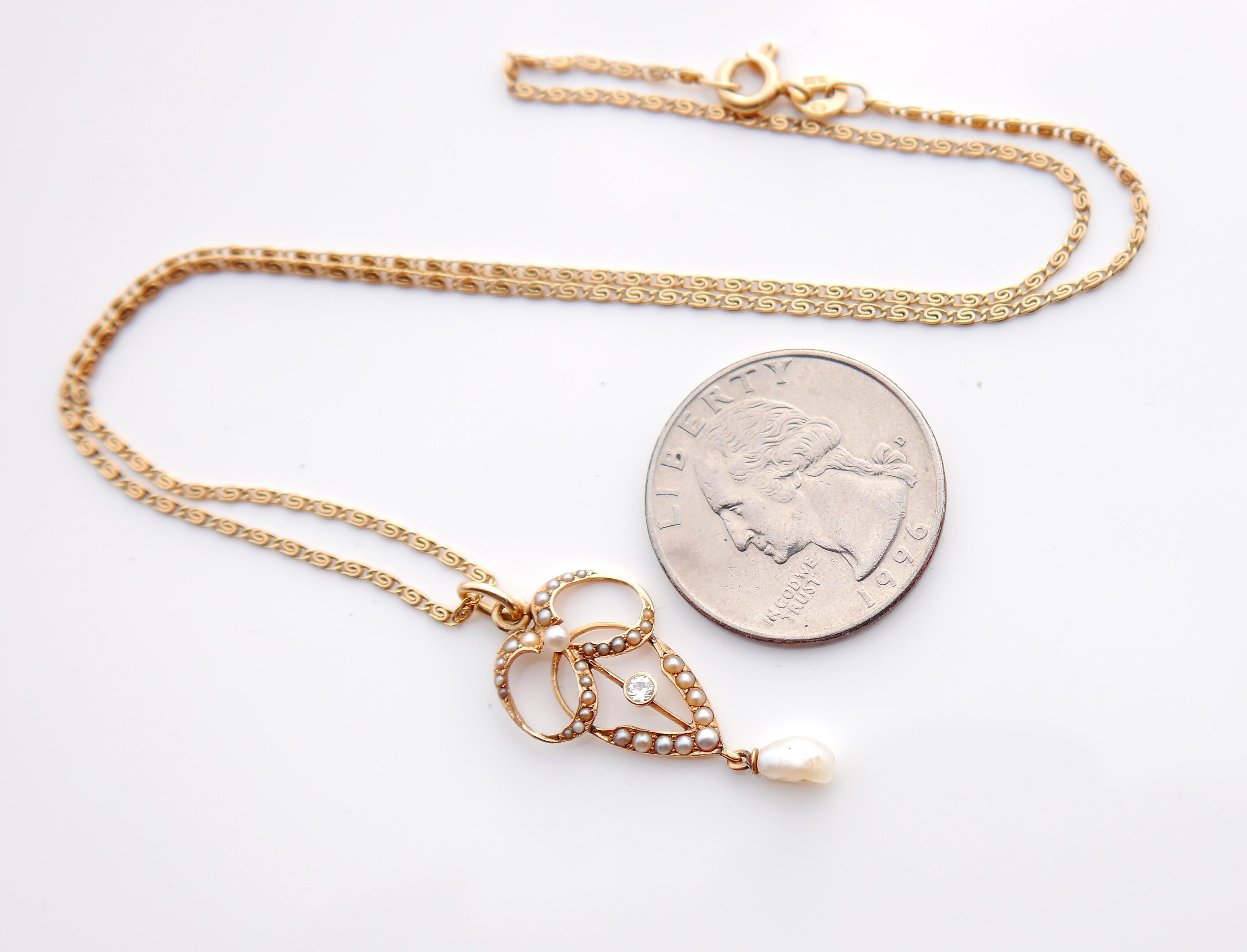Pendentif allemand antique perles de rocaille et diamant en or massif 14K /1.2gr en vente 1