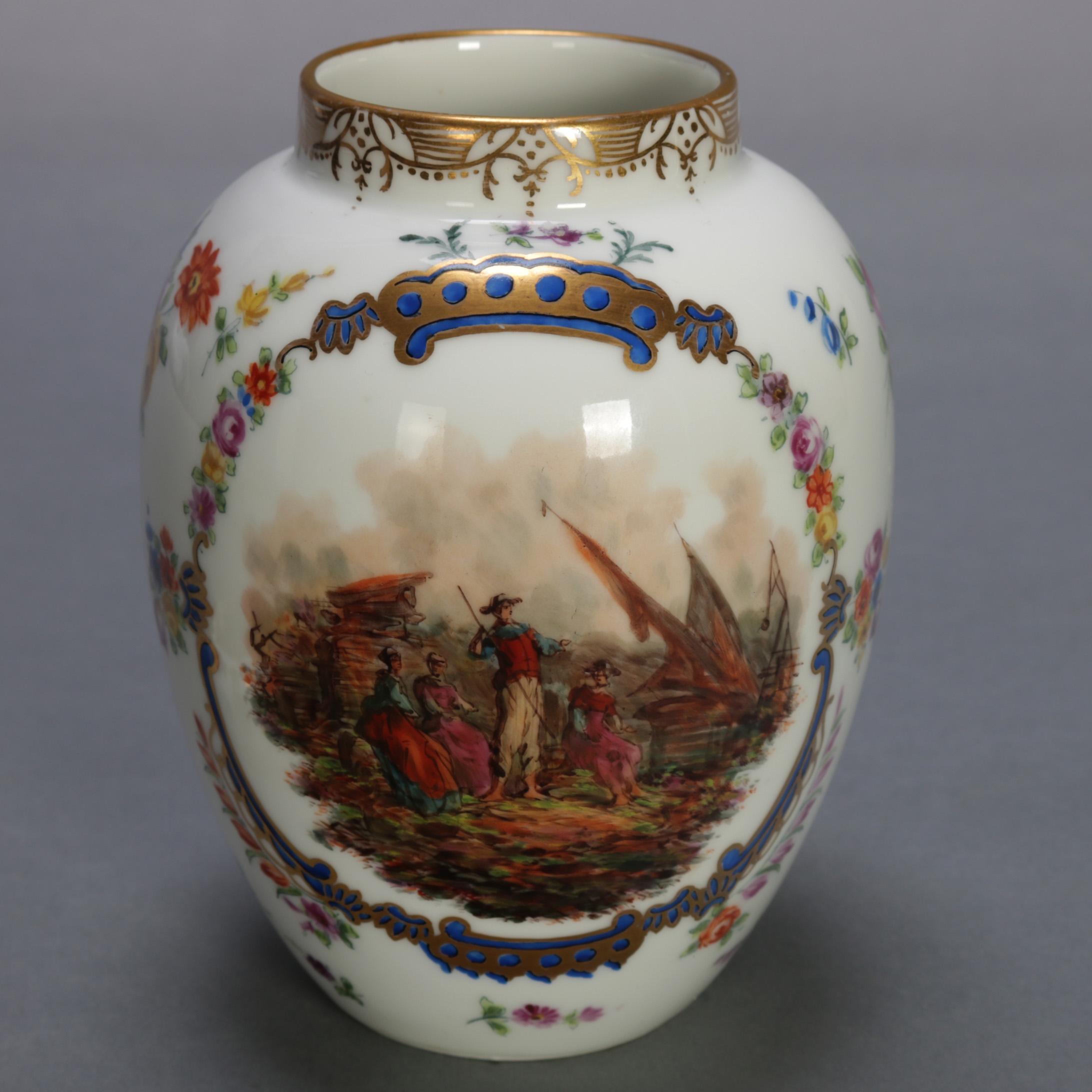 Gilt Antique German Pictorial Porcelain Bro. Schone All Huttenstein Tea Caddy