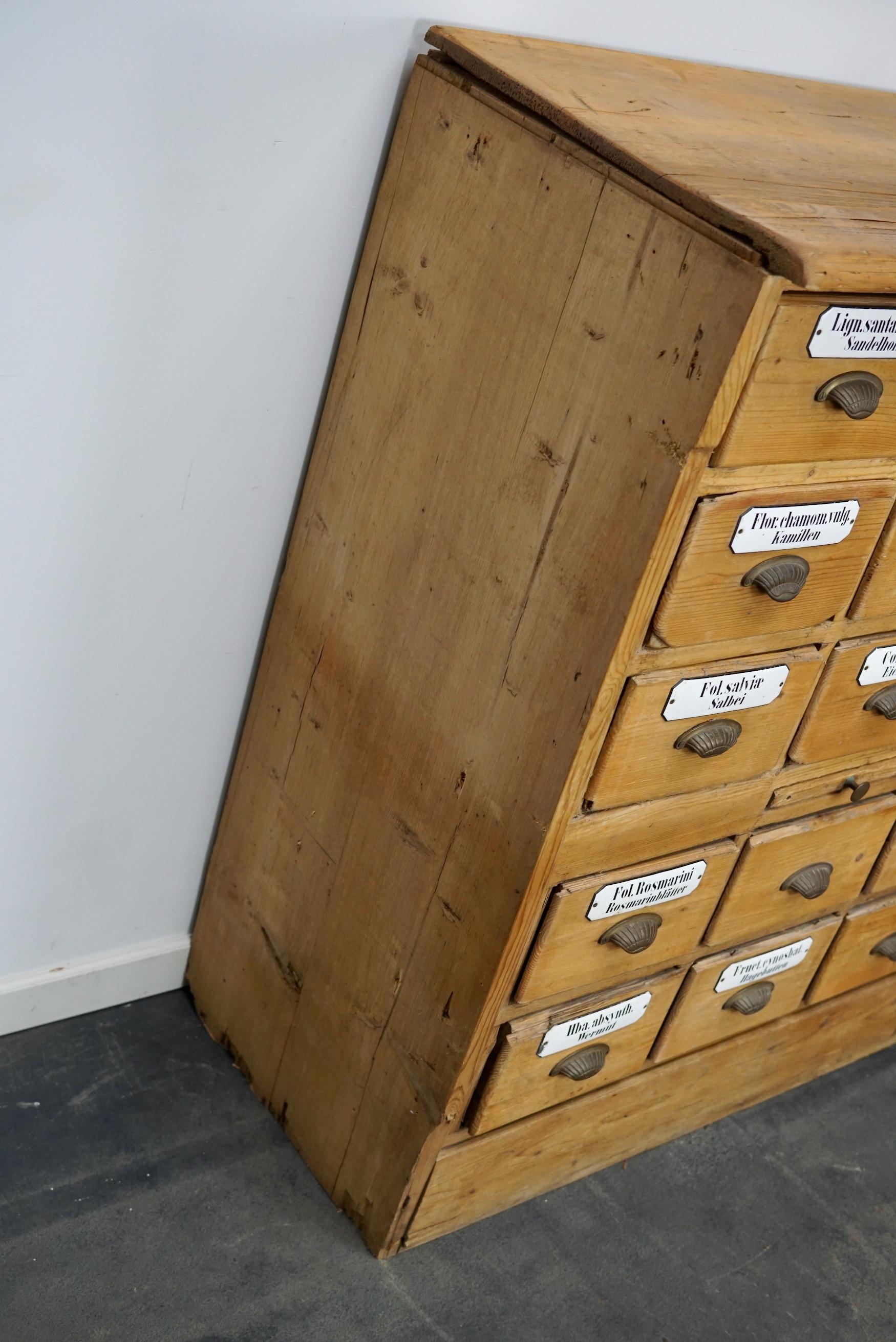 Antique German Pine Apothecary with Enamel Shields, 1900s For