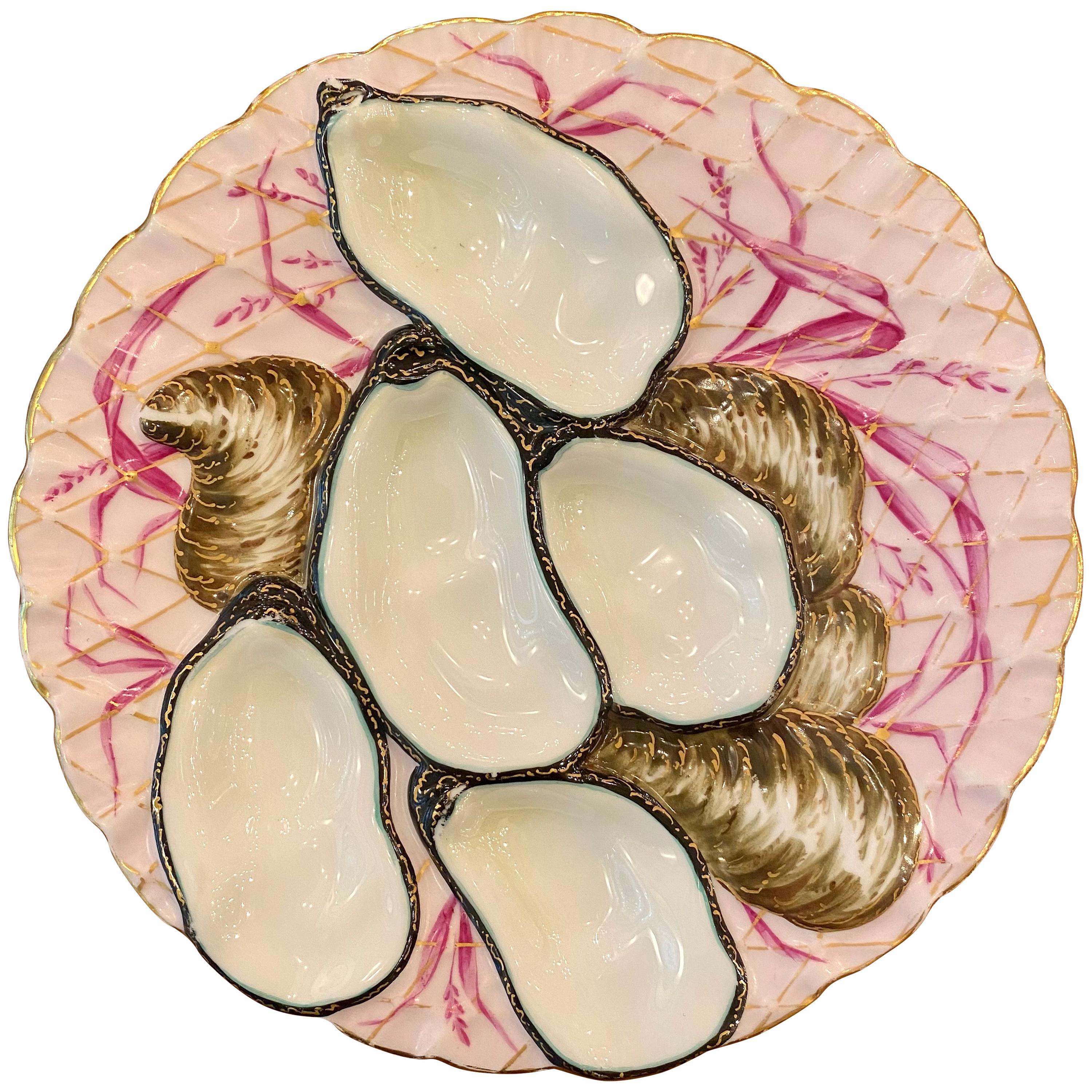 Antique German Pink, Brown and Gold Netted Porcelain "Turkey" Oyster Plate