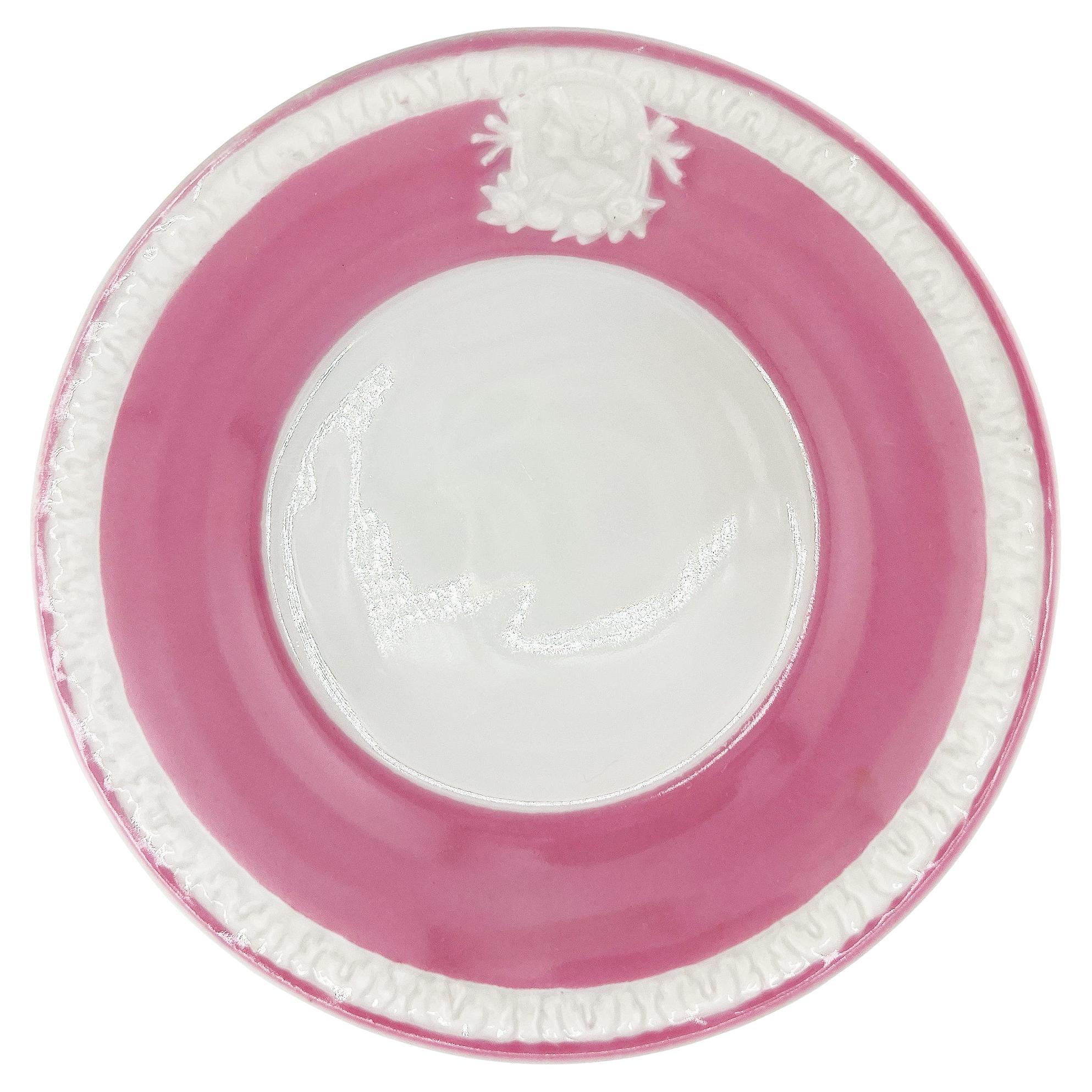 Antique German Pink Cameo Porcelain Plate with Classical Profile, c. Late 1800s