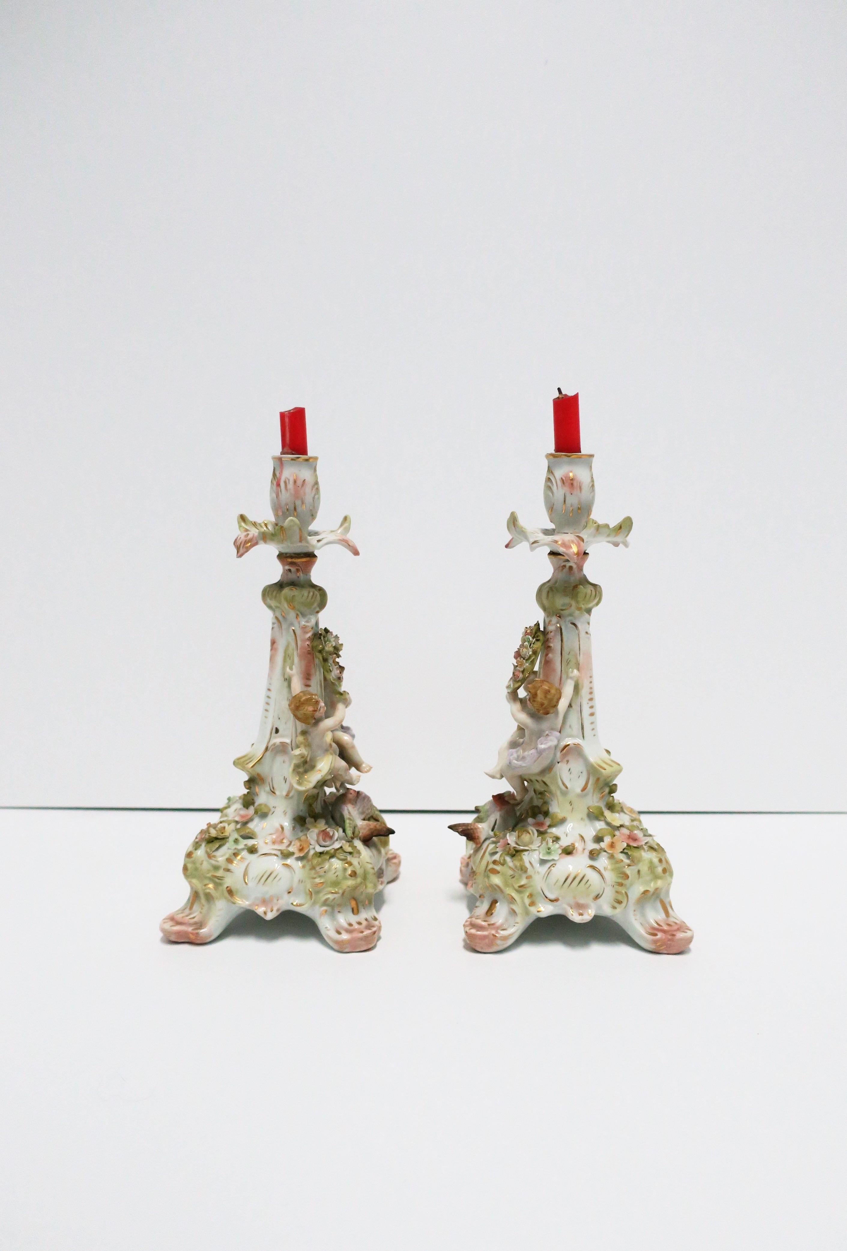 Antique Rococo German Porcelain Candlesticks Holders with Putti, Pair  For Sale 4