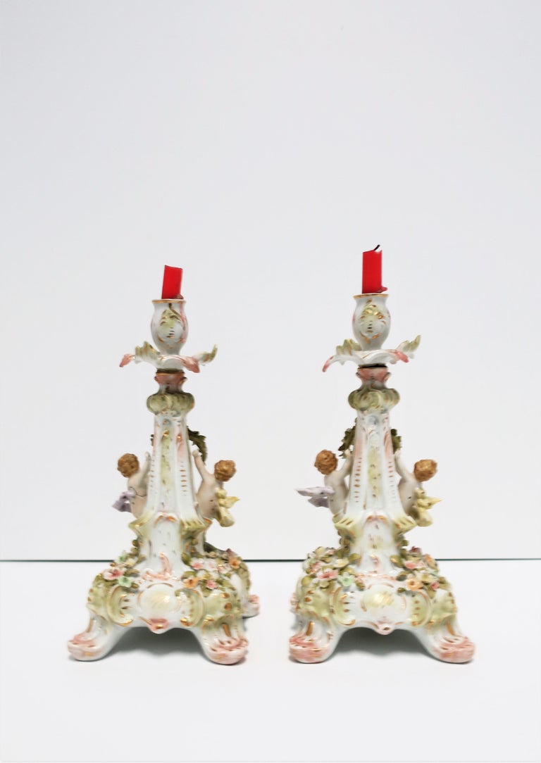 Antique Rococo German Porcelain Candlestick Holders with Putti, Pair  For Sale 7