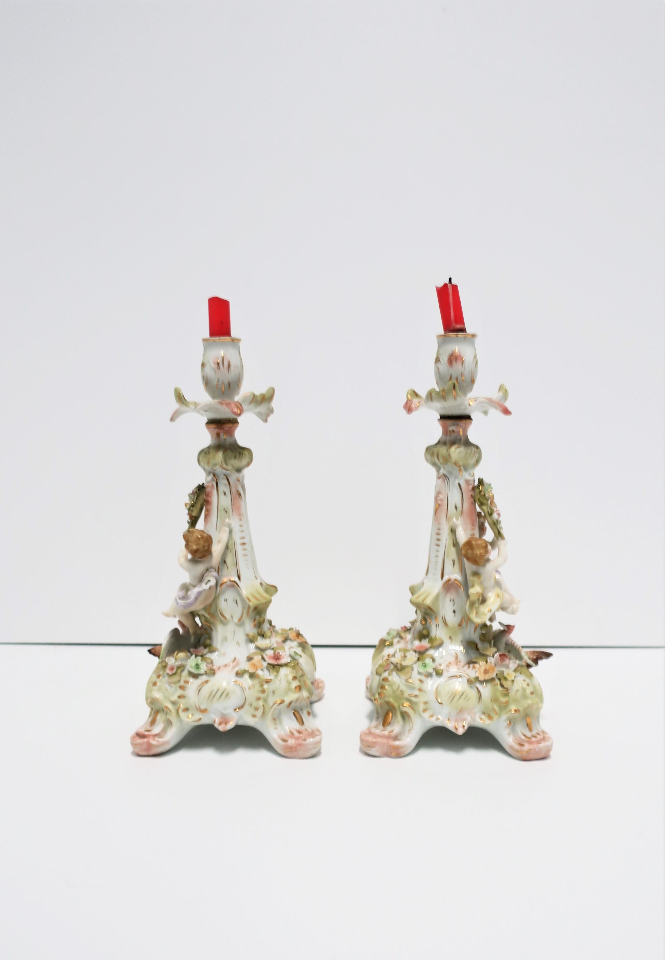 Antique Rococo German Porcelain Candlesticks Holders with Putti, Pair  For Sale 6