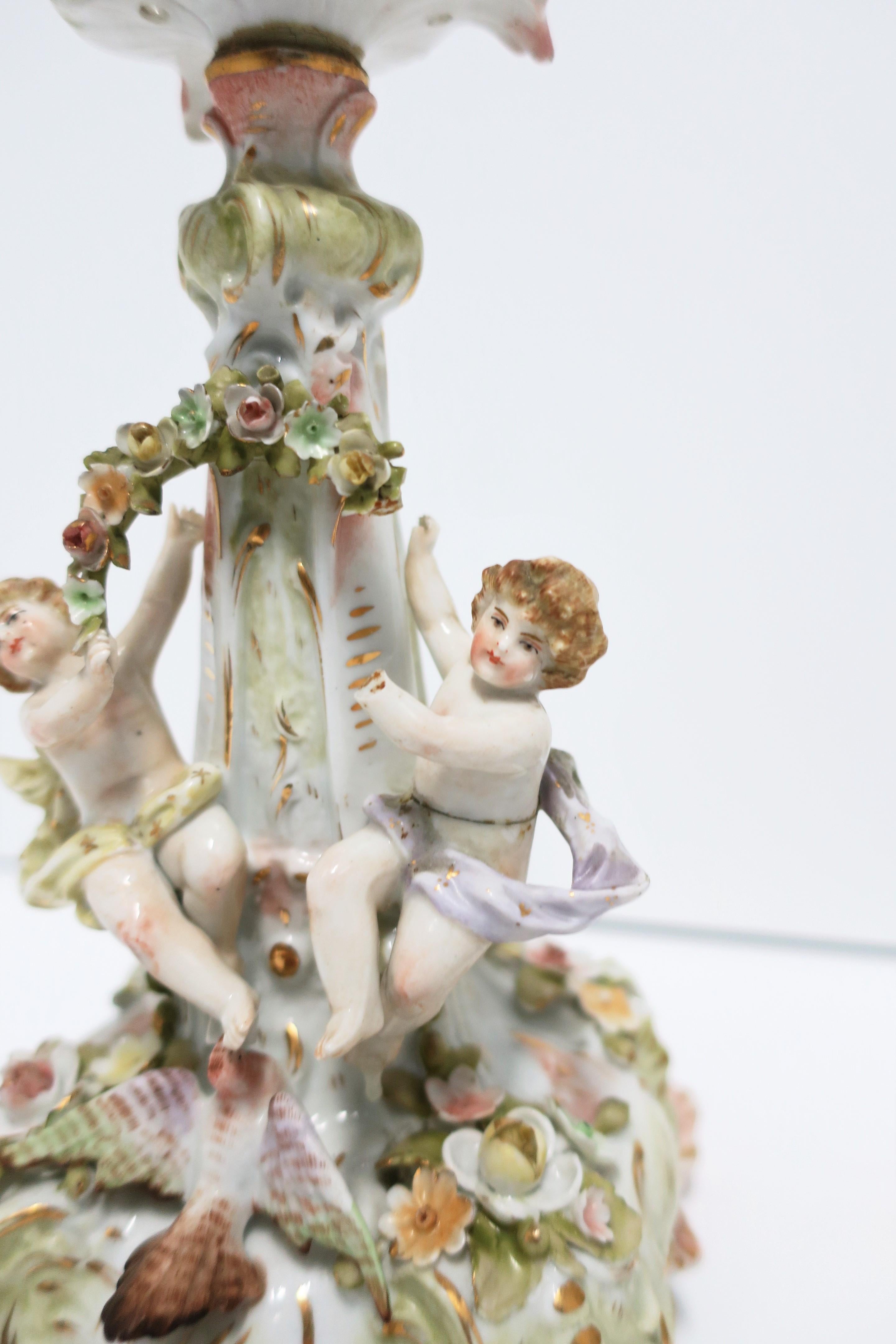 Antique Rococo German Porcelain Candlesticks Holders with Putti, Pair  For Sale 8