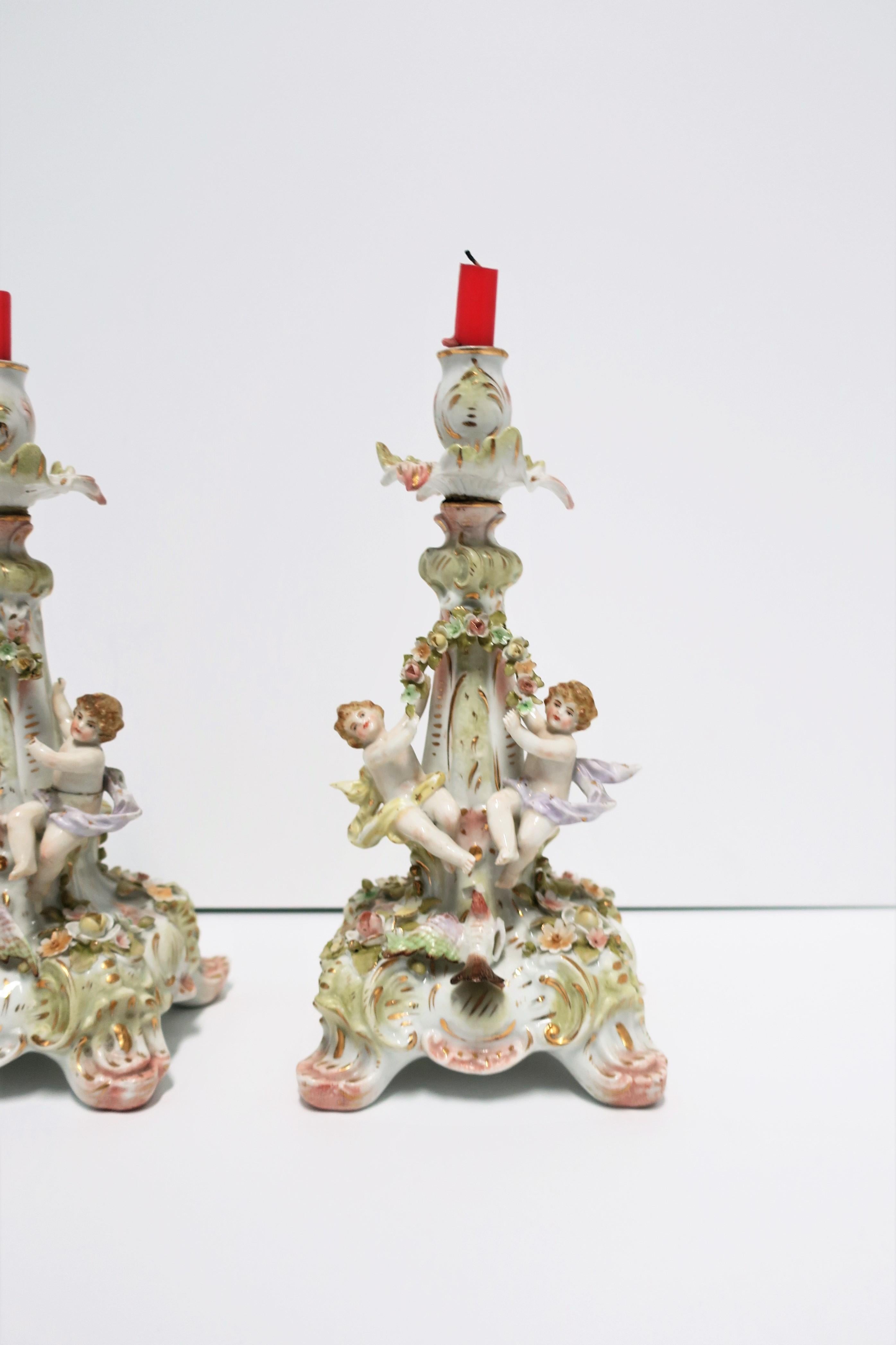 Antique Rococo German Porcelain Candlesticks Holders with Putti, Pair  For Sale 3