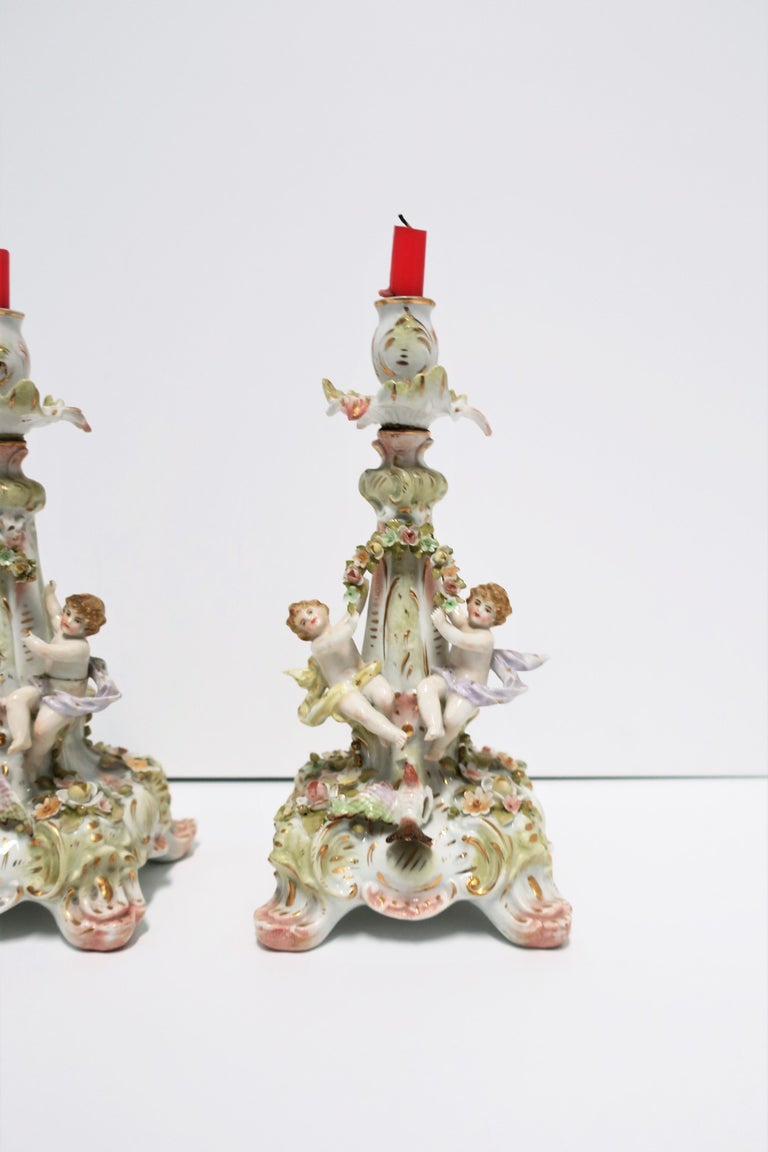 Antique Rococo German Porcelain Candlestick Holders with Putti, Pair  For Sale 5